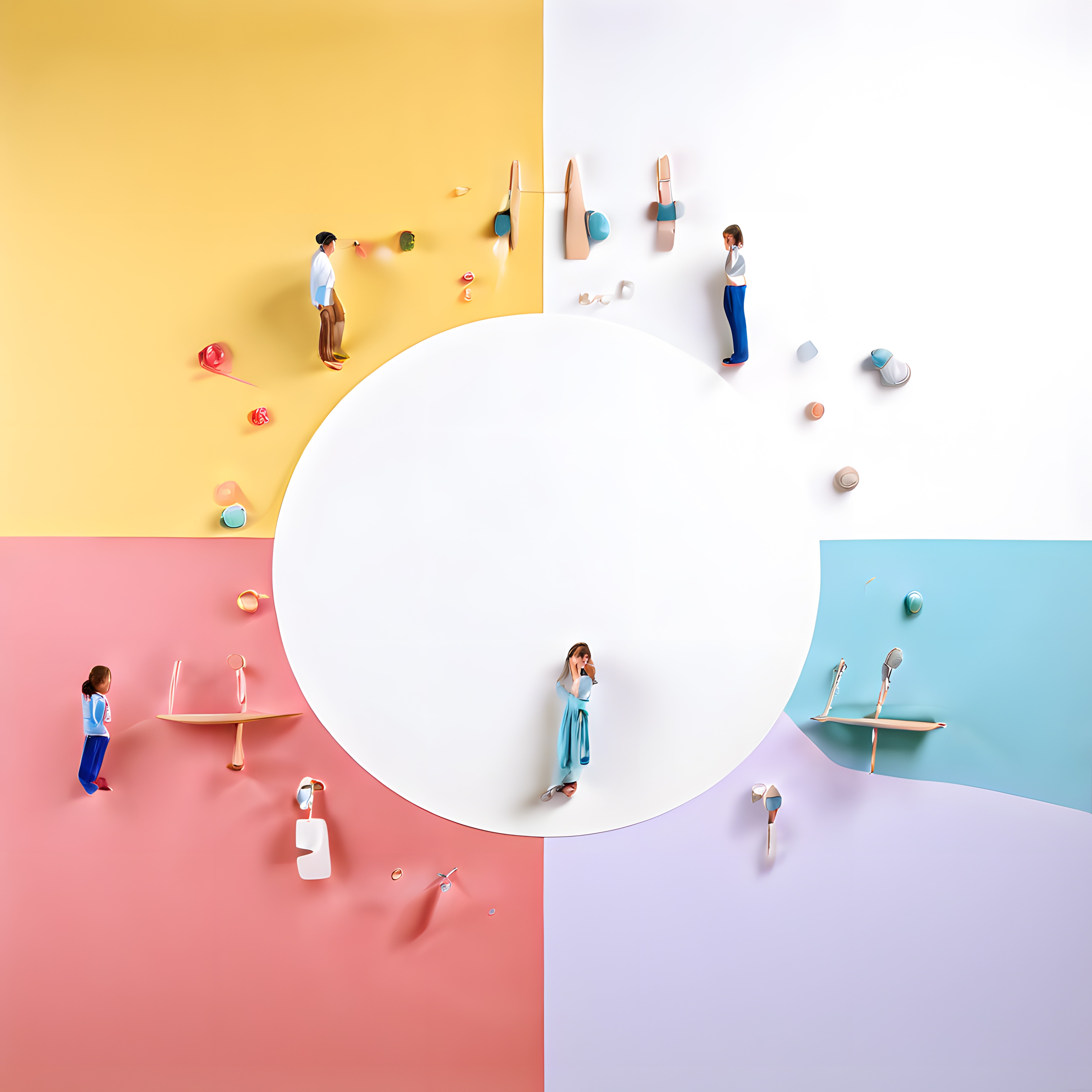 Pastel Renkli Minimalist 3D Dijital Sanat: Küçük Figürler ve Soyut Nesneler