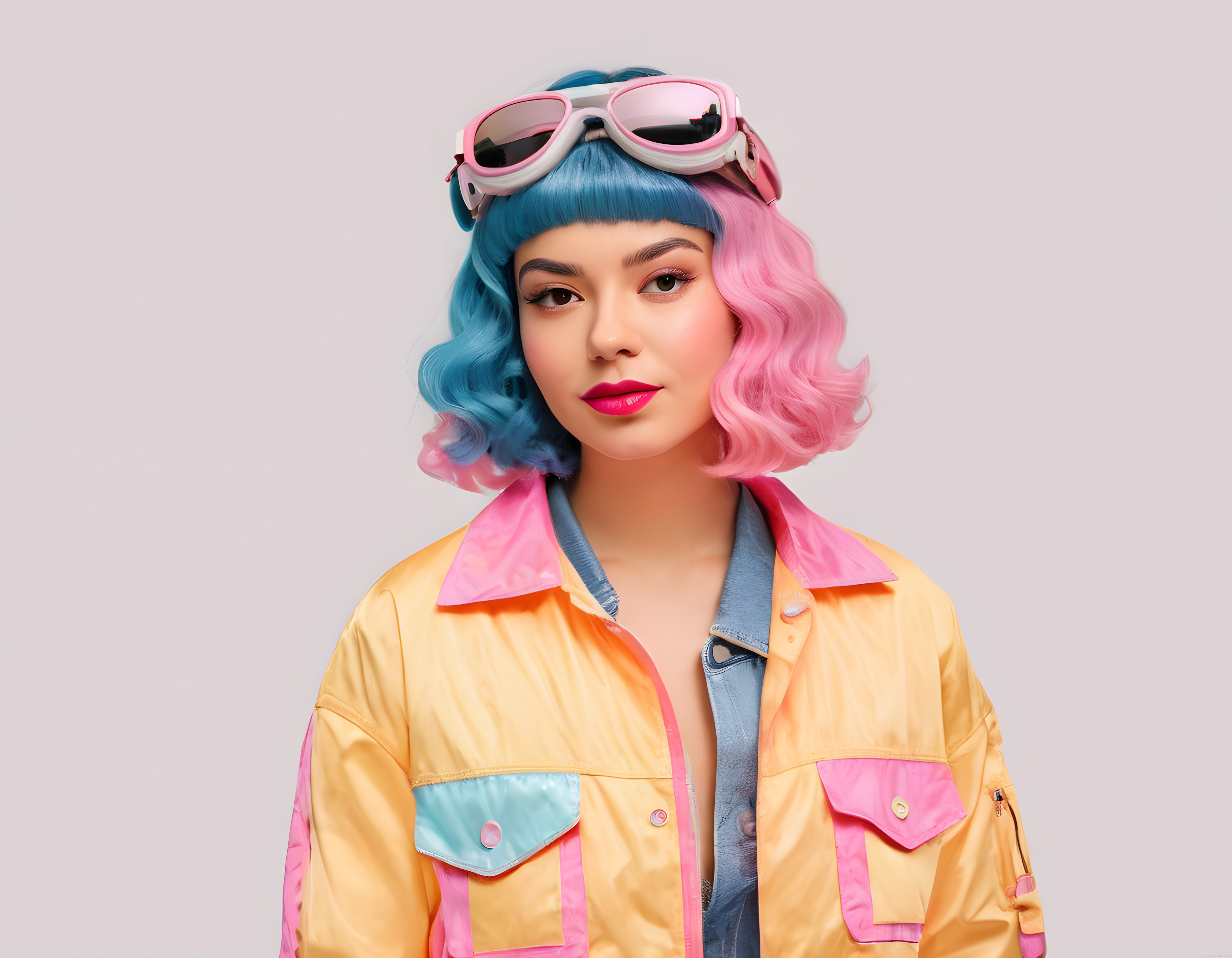 Pastel Renkli Saç ve Retro Ceketle Trend Stil Sahibi Genç Kadın Portresi