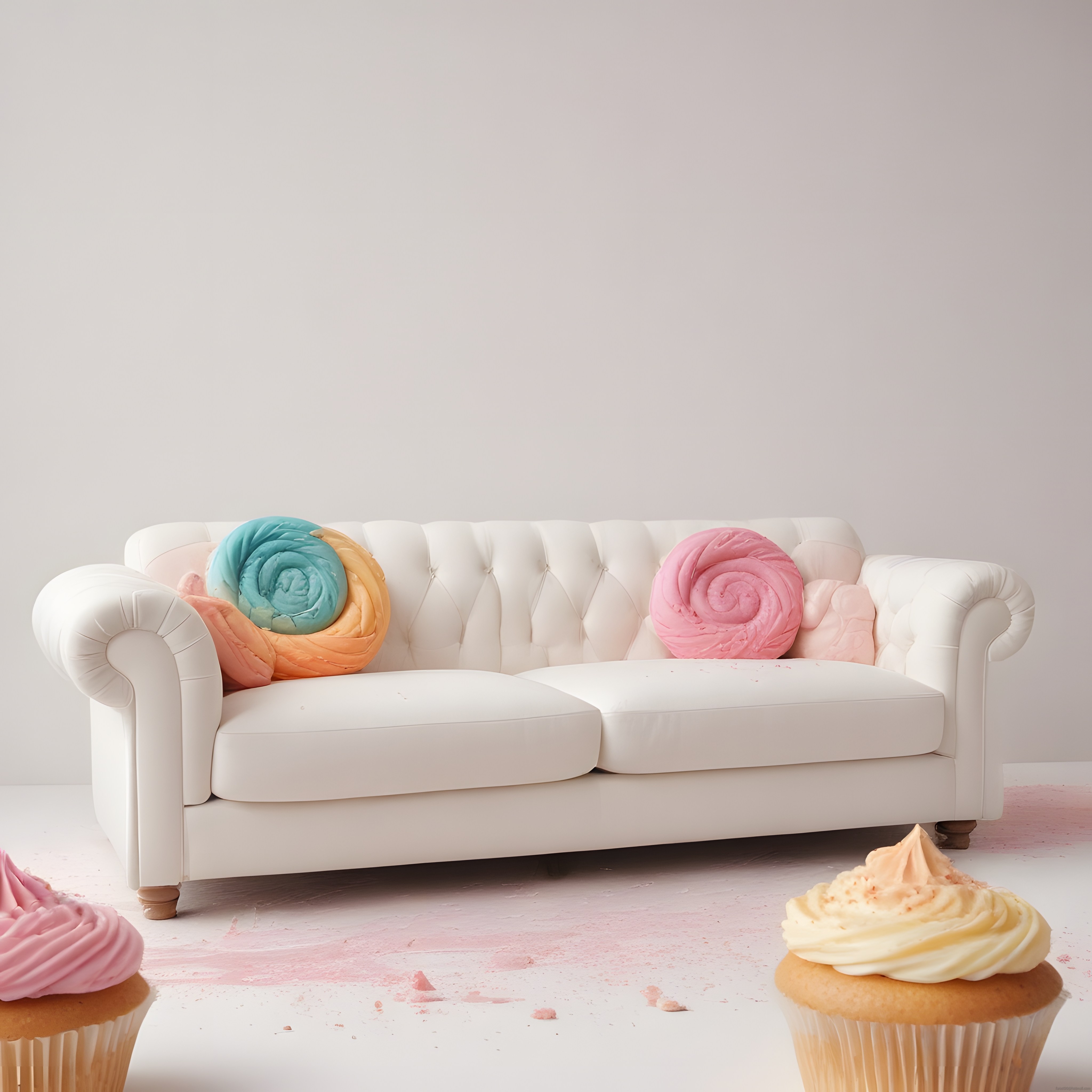 Pastel Renkli Şeker Temalı Dekorasyon ve Beyaz Chester Koltuk