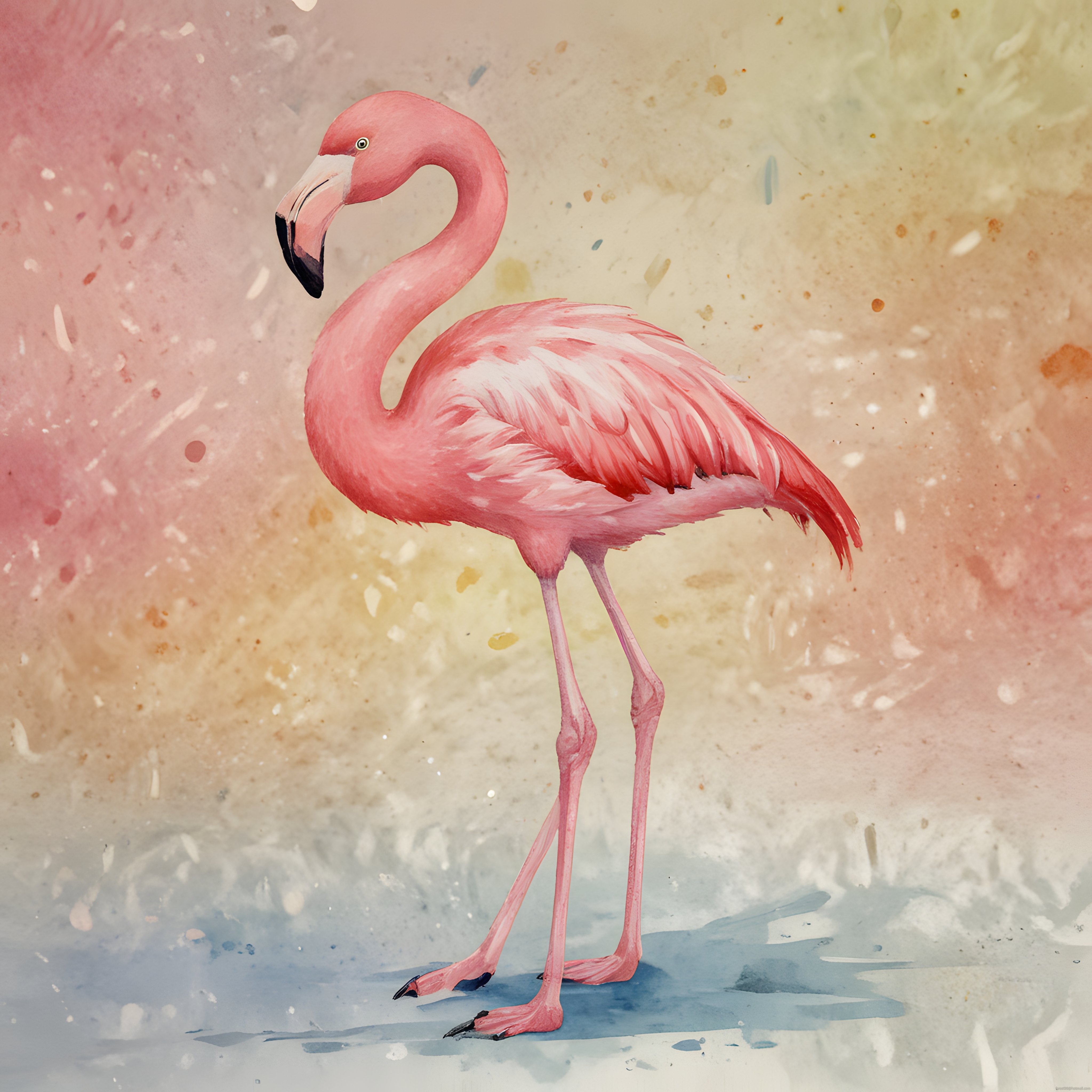Pastel Renkli Suluboya Efektli Pembe Flamingo Dekoratif Sanat Tablosu