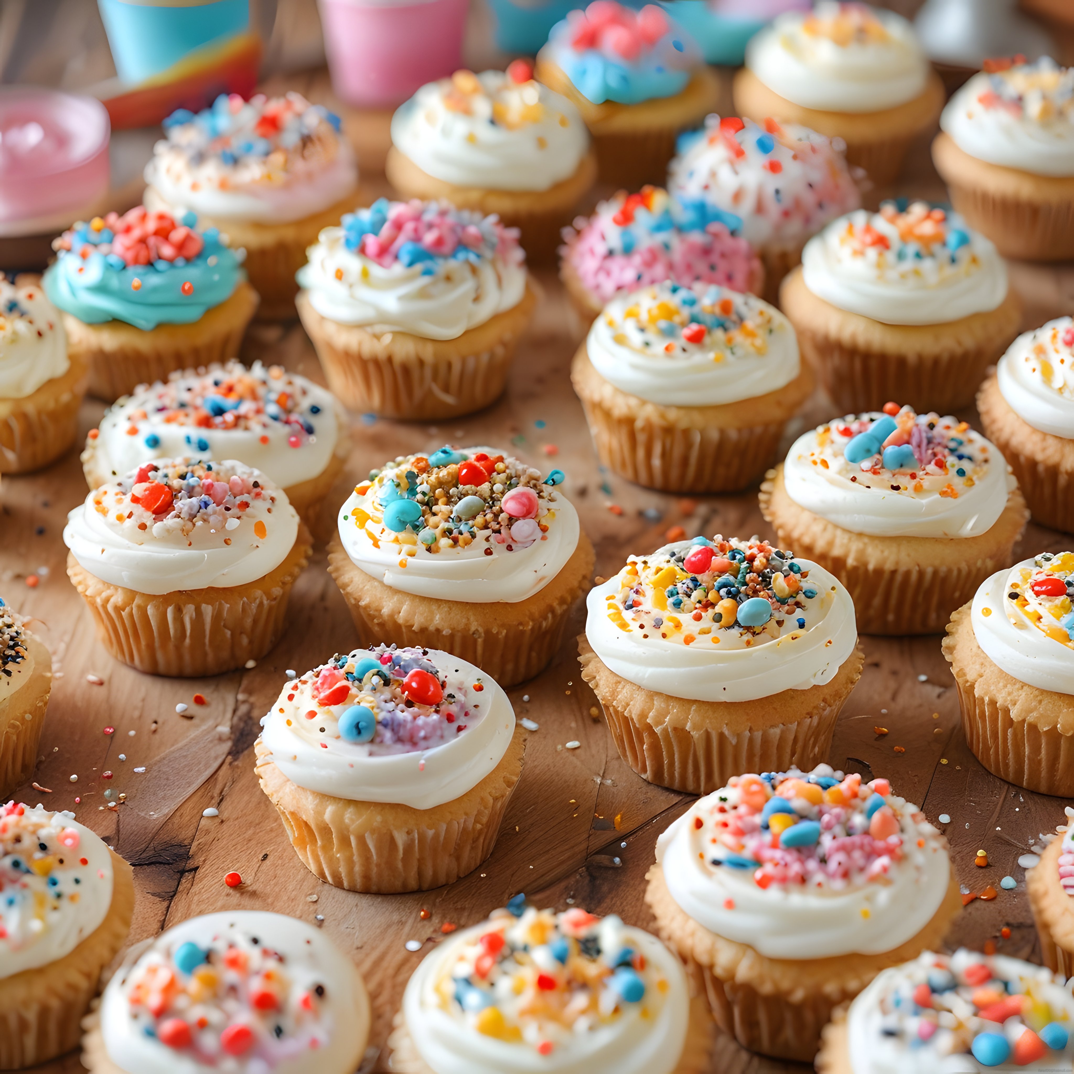 Pastel Renkli Süslemeli Cupcake'ler Doğal Ahşap Zemin Üzerinde Neşeli Sunum