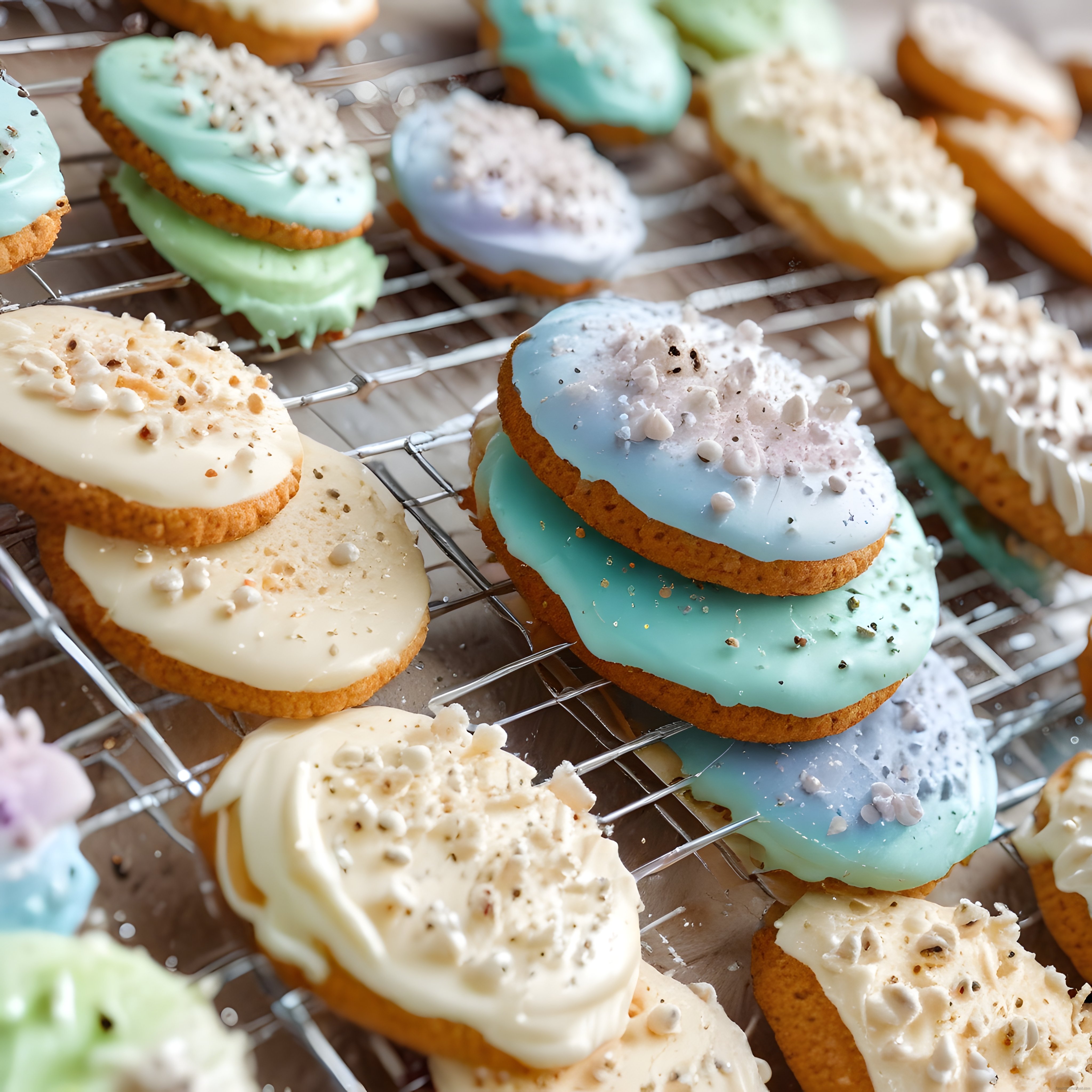 Pastel Renkli Süslü Kurabiyeler: Tel Raf Üzerinde Yumuşak Tonlu Tatlılar