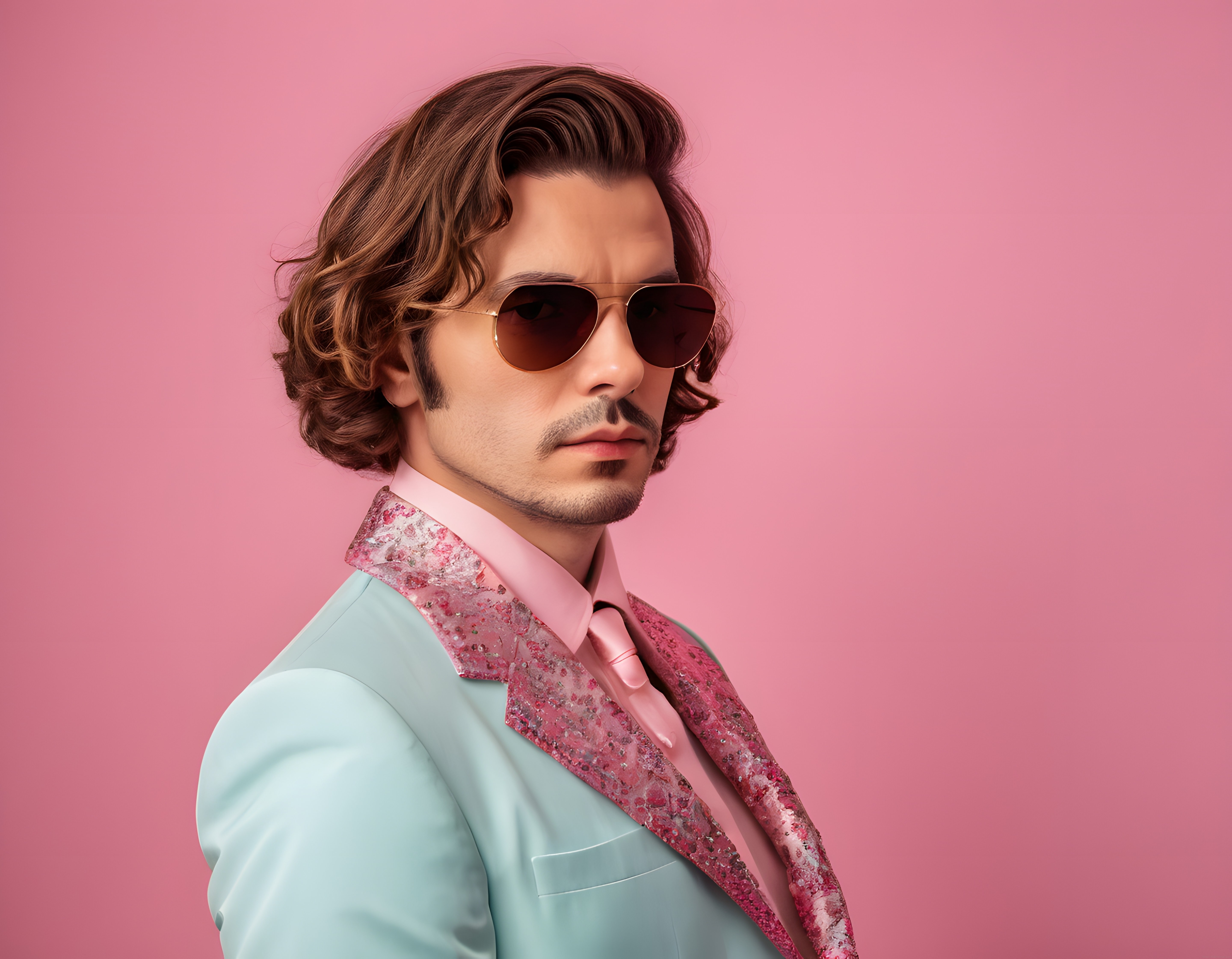Pastel Renkli Vintage Takım Elbiseli ve Güneş Gözlüklü Erkek Moda Portresi