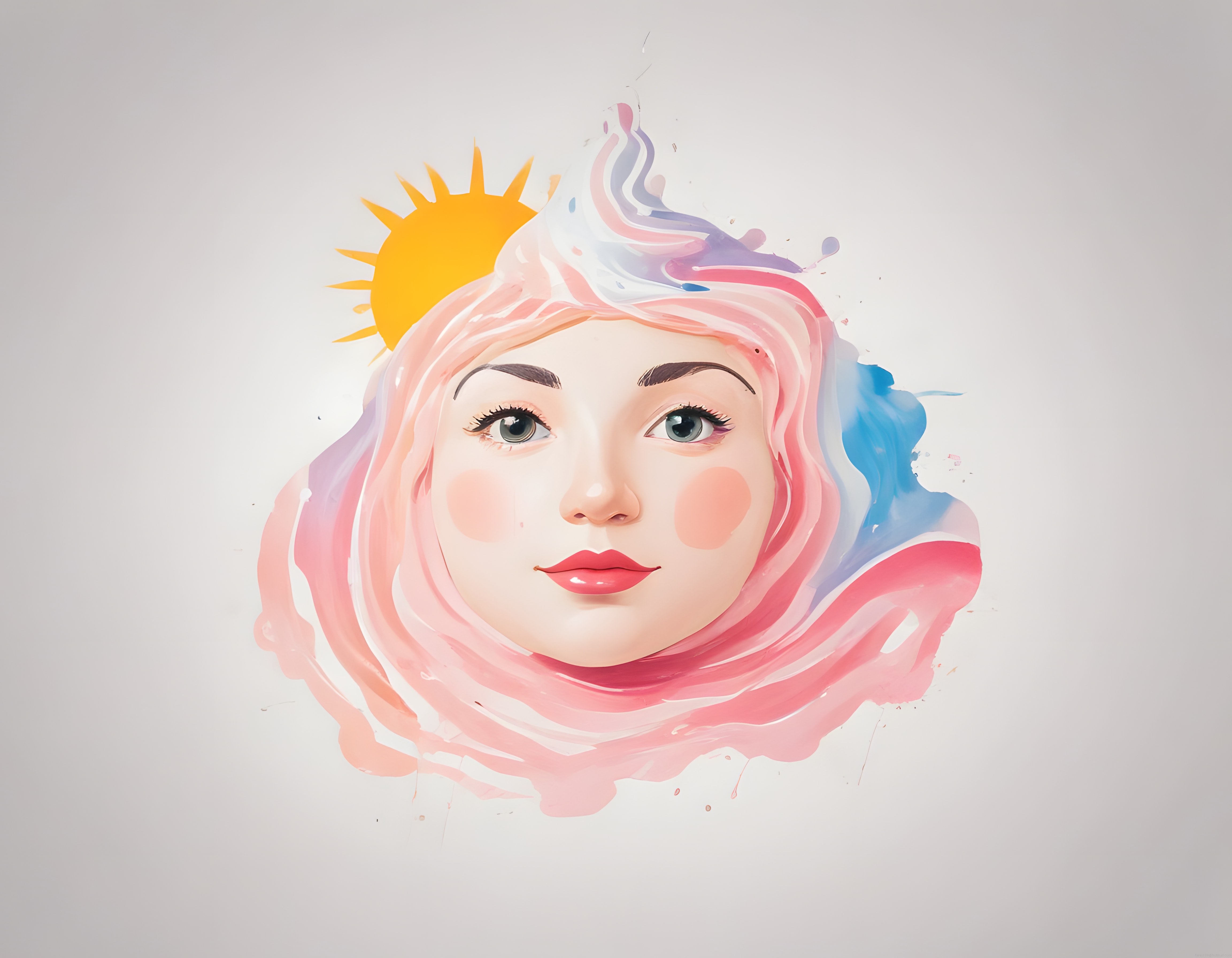 Pastel Suluboya Efektli Sürreal Kadın Yüzü ve Güneş Dijital Sanat Çalışması