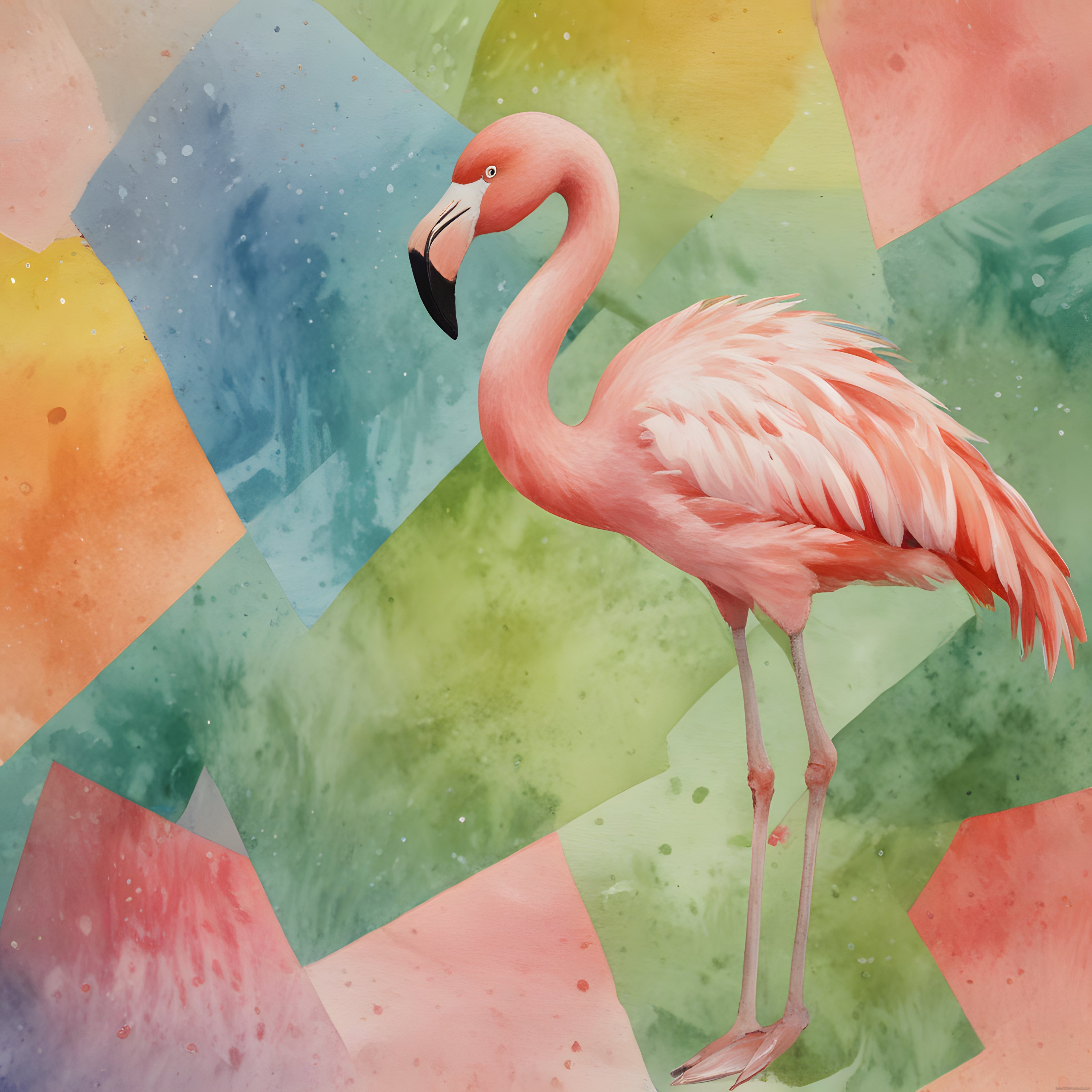 Pastel suluboya flamingo ve geometrik renkli arka planlı modern sanatsal çalışma