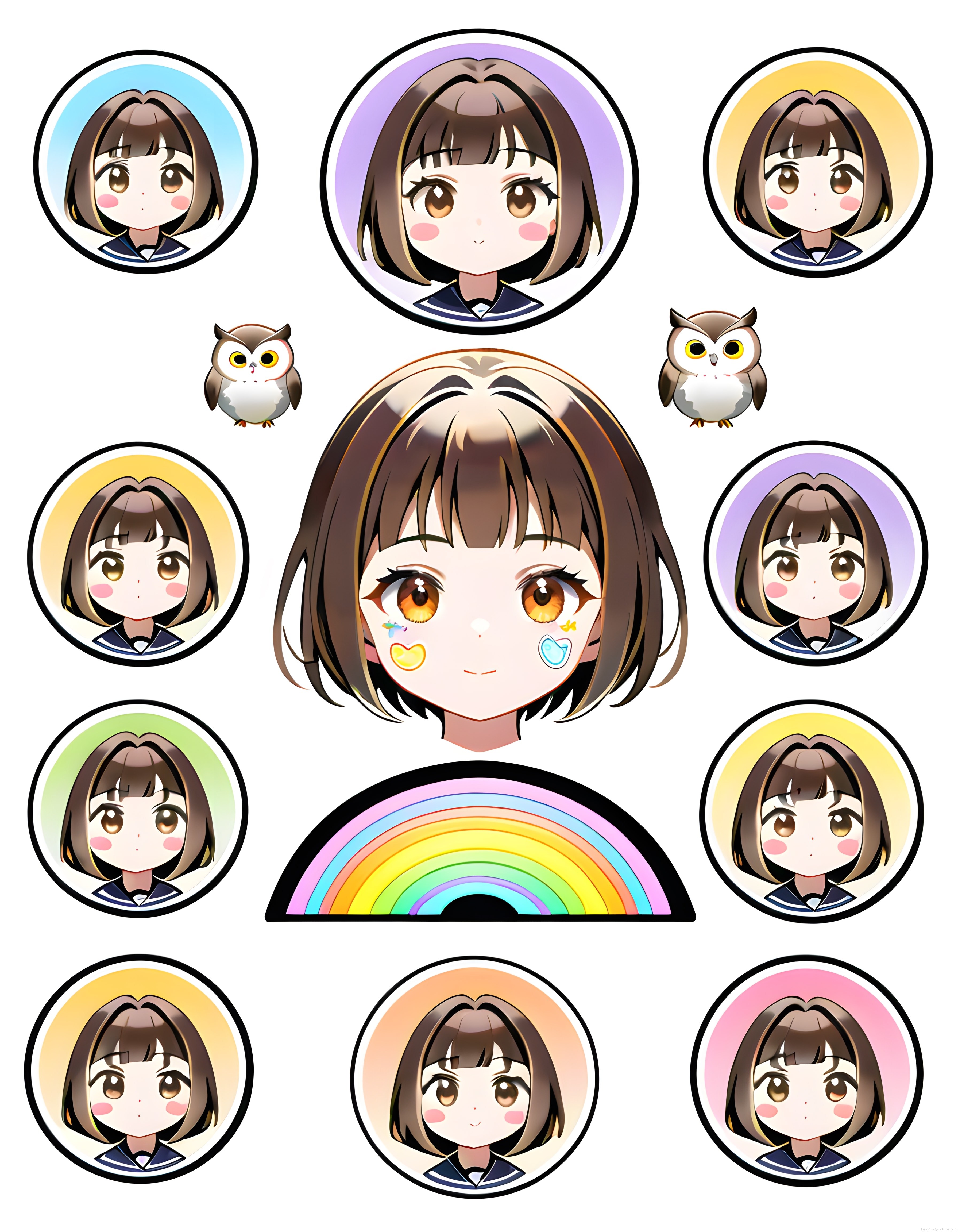 Pastel Tonda Sevimli Anime Chibi Kız ve Renkli Dairesel Avatar Seti