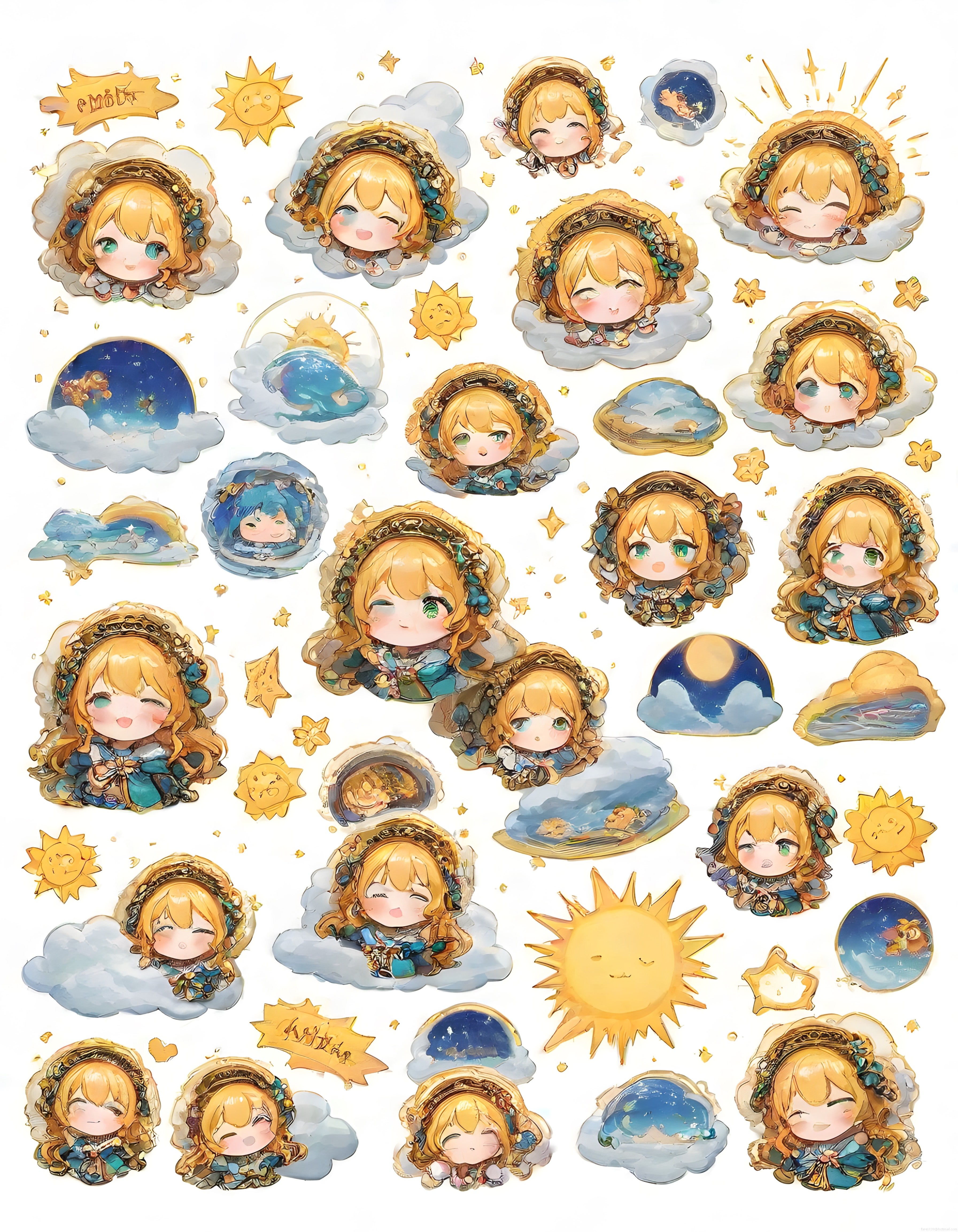 Pastel Tonlarda Anime Sticker Koleksiyonu: Chibi Prenses ve Gökyüzü Detayları