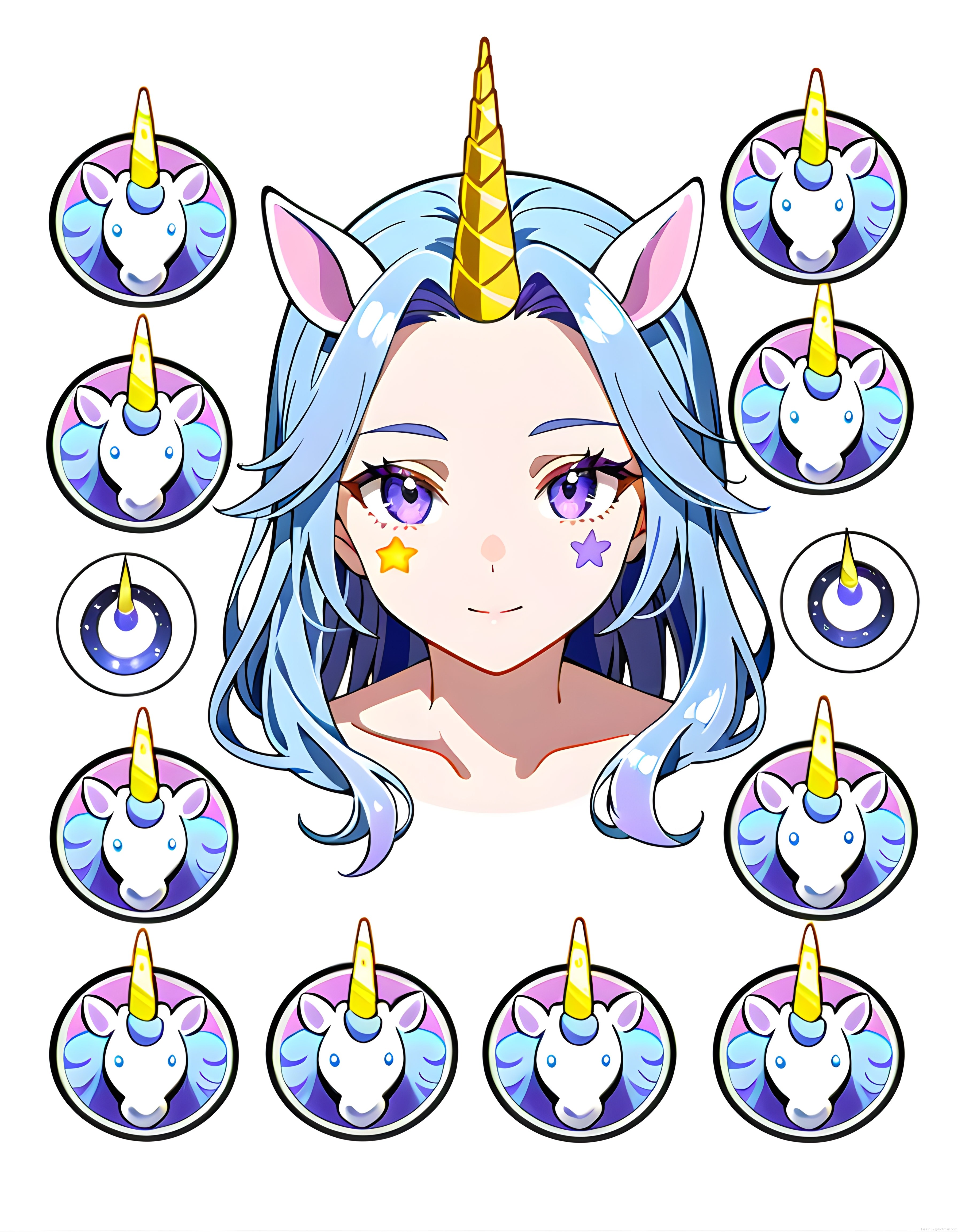 Pastel Tonlarda Anime Unicorn Kızı ve Unicorn Rozetleri Sticker Koleksiyonu