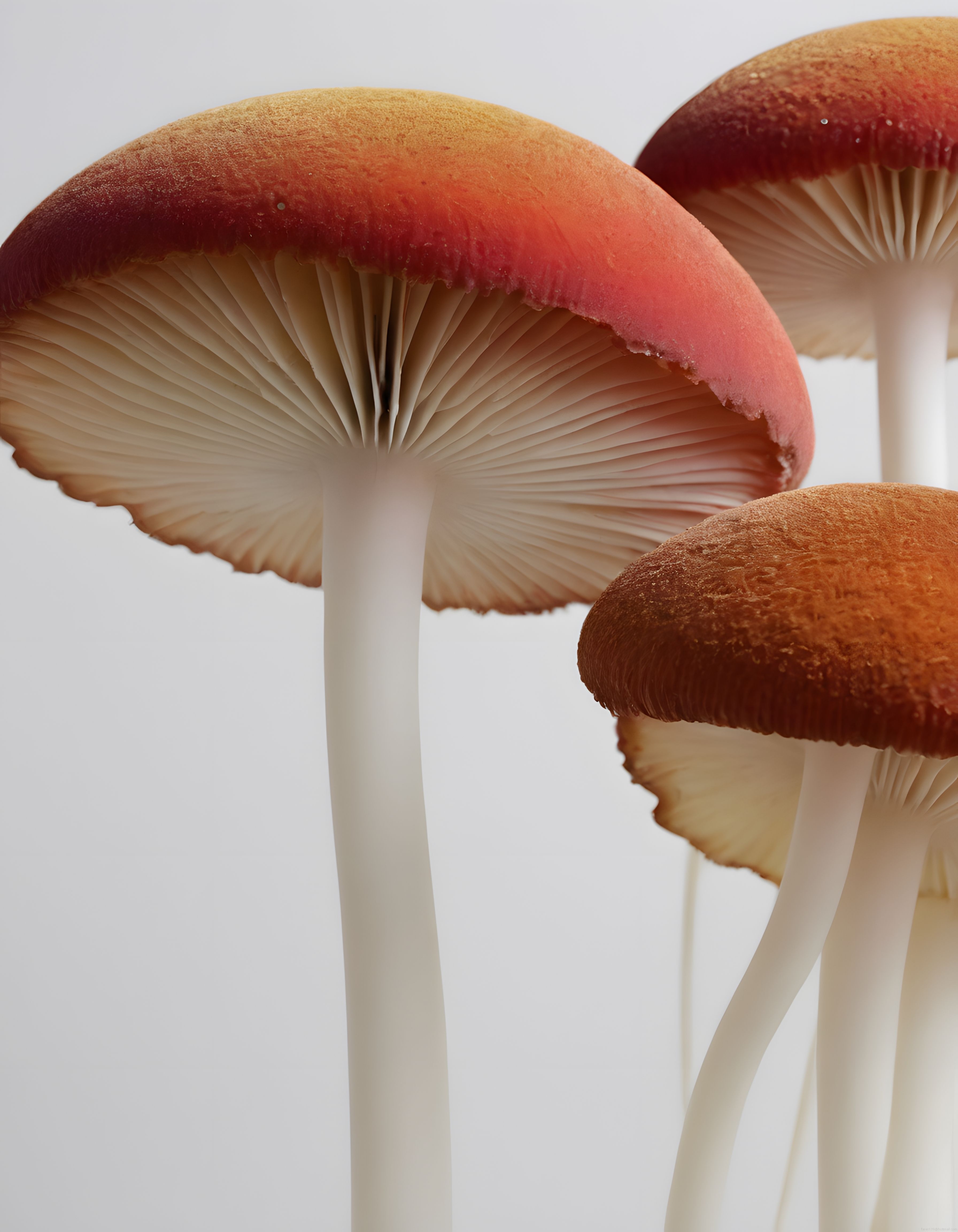 Pastel Tonlarda Beyaz Fon Üzerinde Üç Adet Renkli Mantarın Makro Görüntüsü