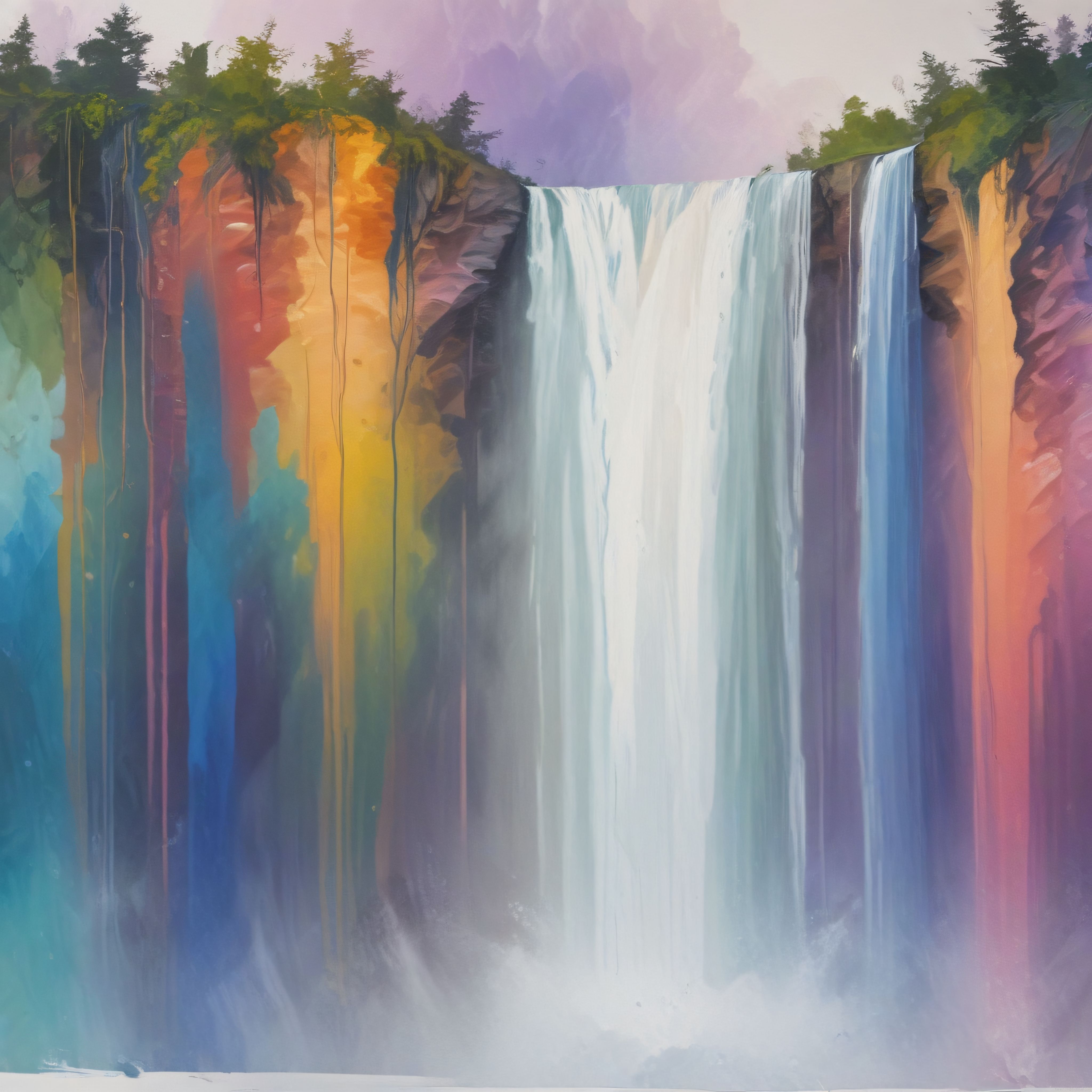 Pastel tonlarda büyüleyici şelale ve renkli kanyon dijital sanat eseri