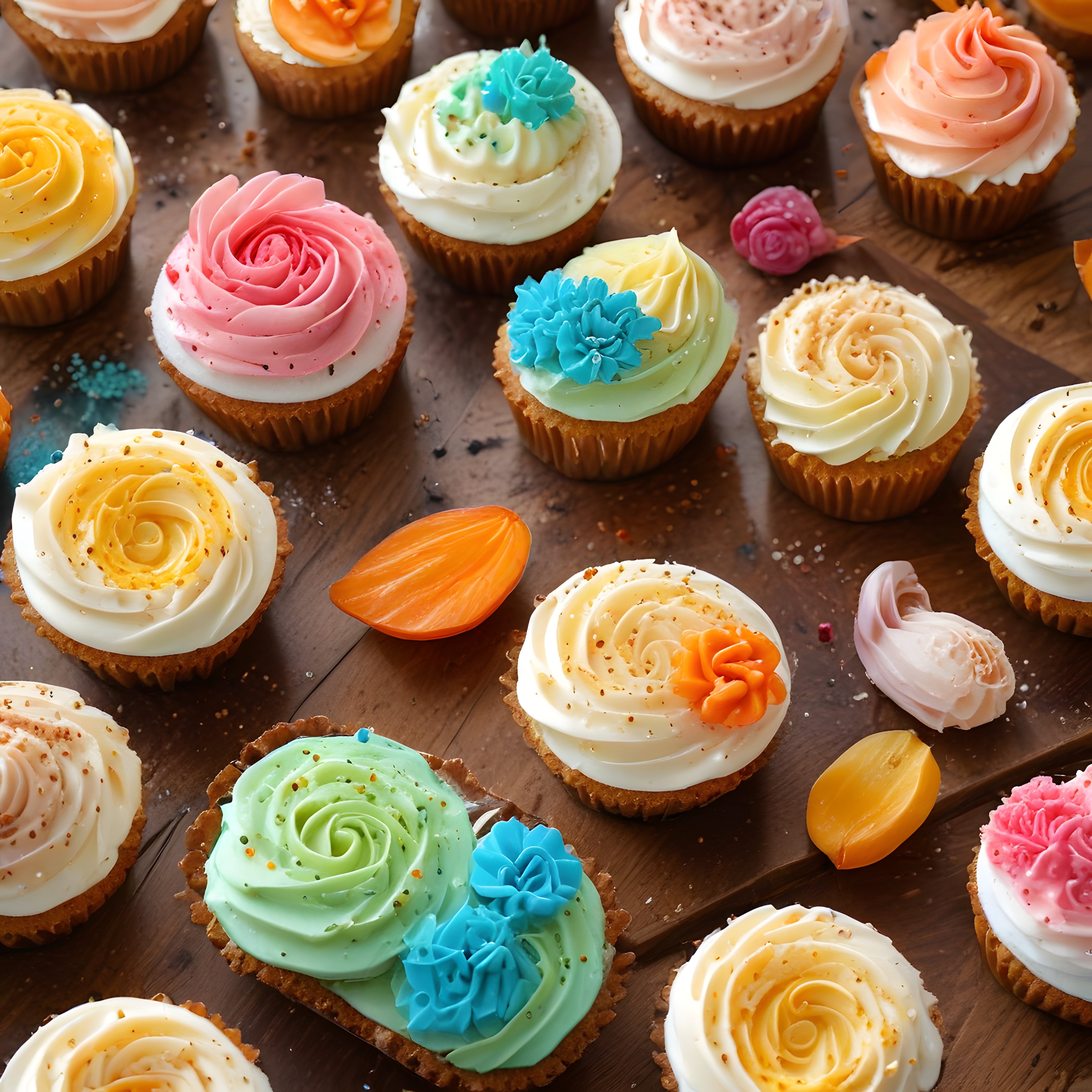 Pastel Tonlarda Çiçek Desenli Kremalı Cupcake'ler ve Renkli Tartlar