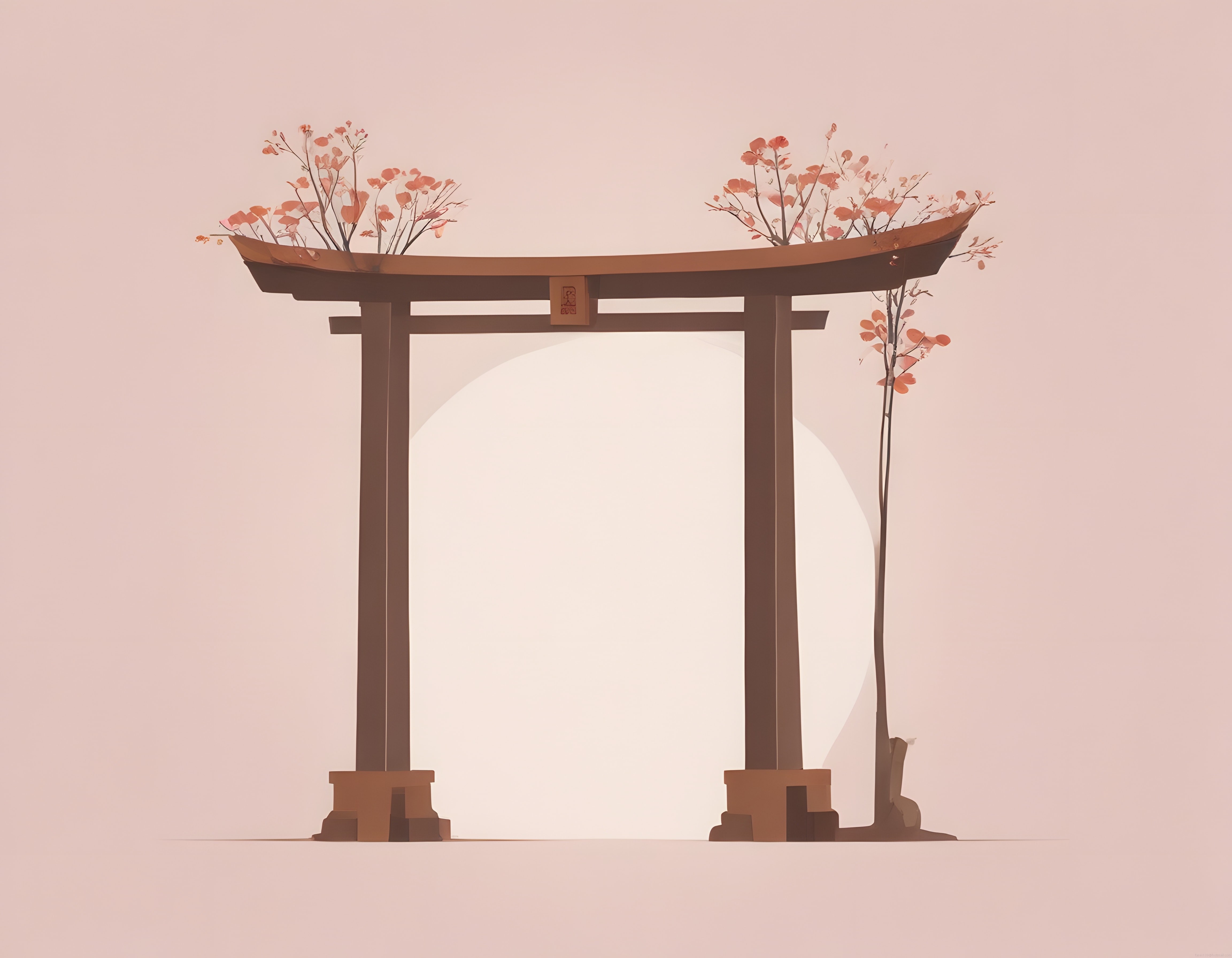Pastel Tonlarda Çiçek Süslü Japon Torii Kapısı Minimalist Dijital İllüstrasyon