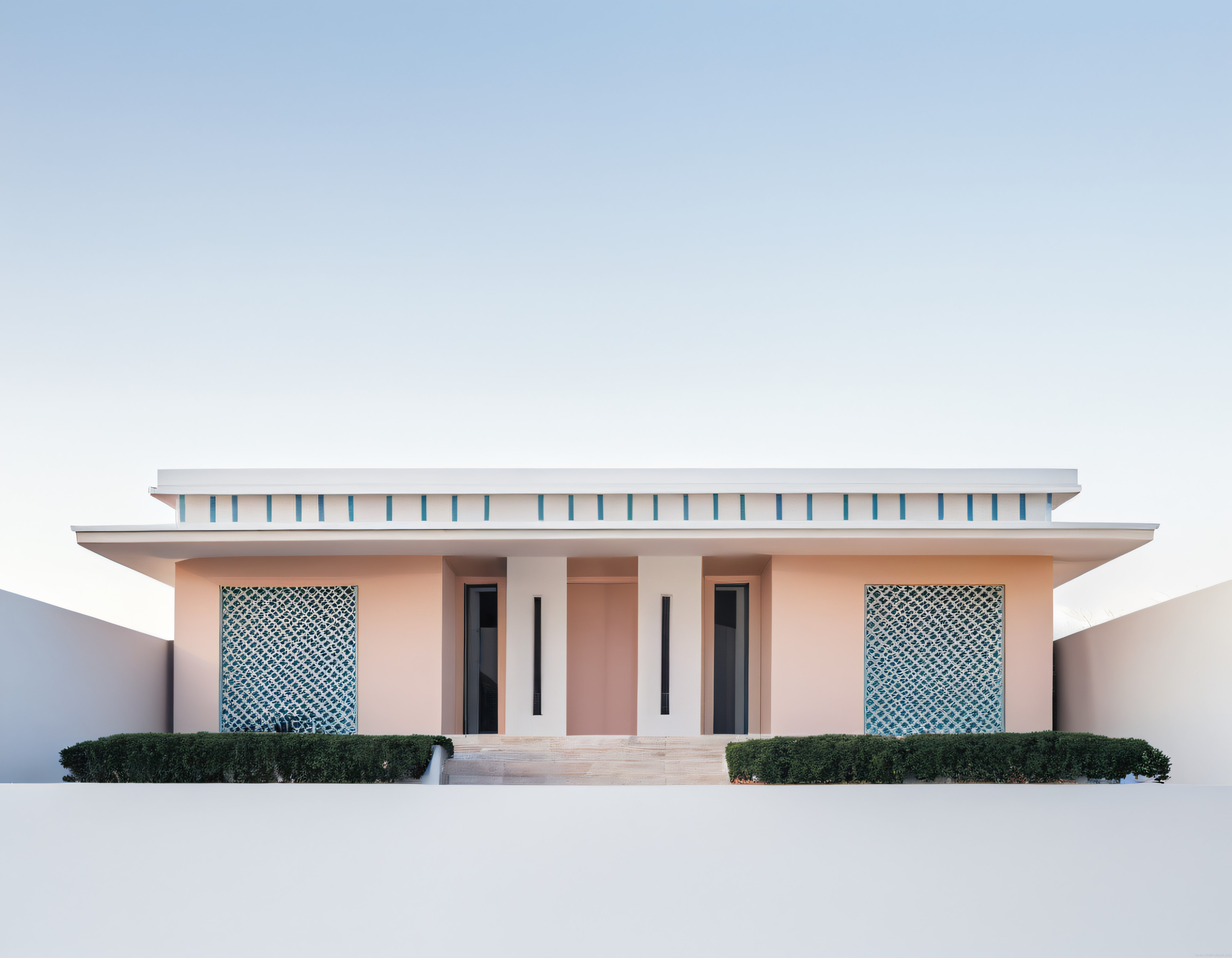 Pastel tonlarda geometrik desenlerle bezeli minimalist modern bir villa cephesi
