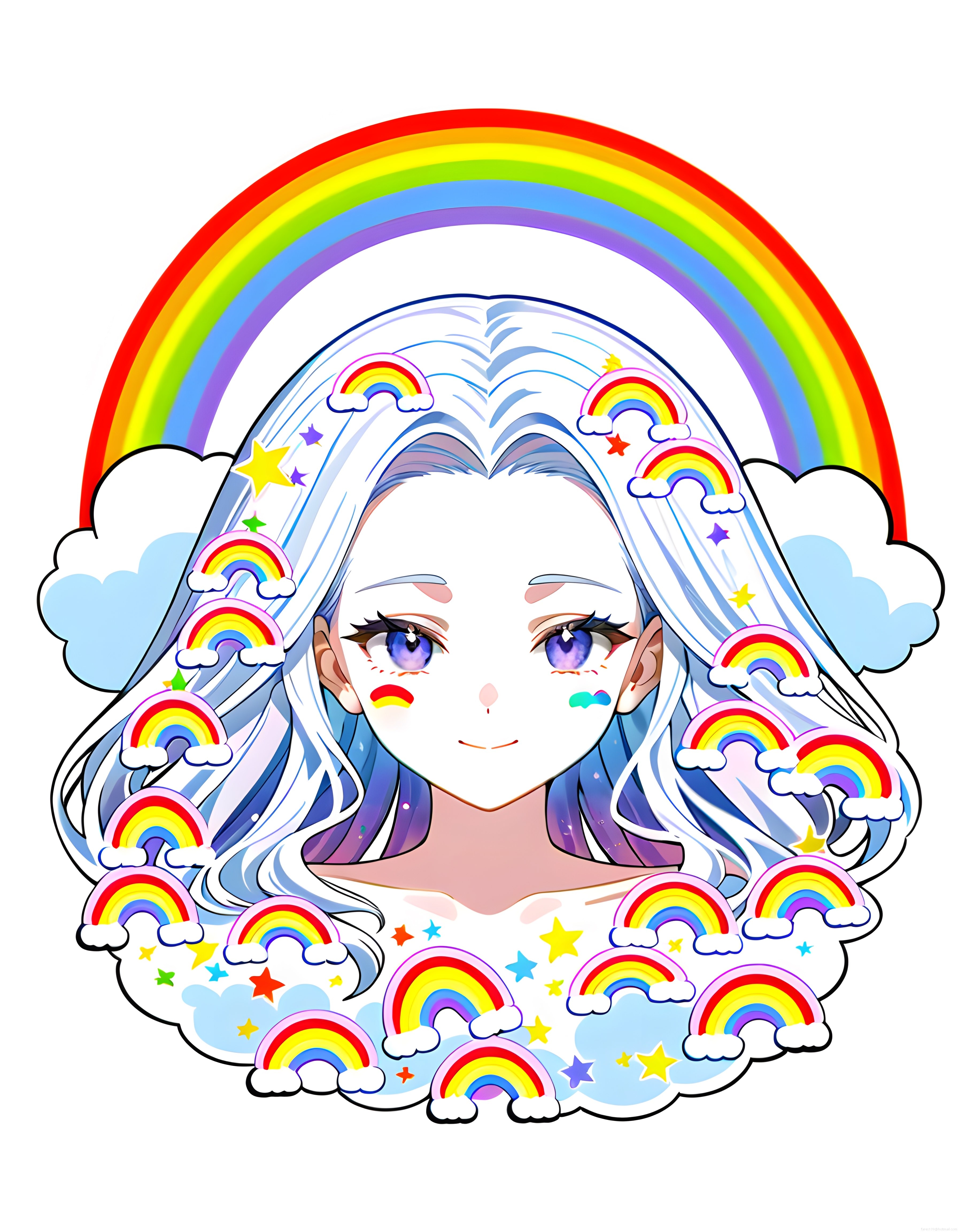 Pastel Tonlarda Gökkuşağı ve Yıldızlarla Süslenmiş Anime Kız Karakter Çizimi