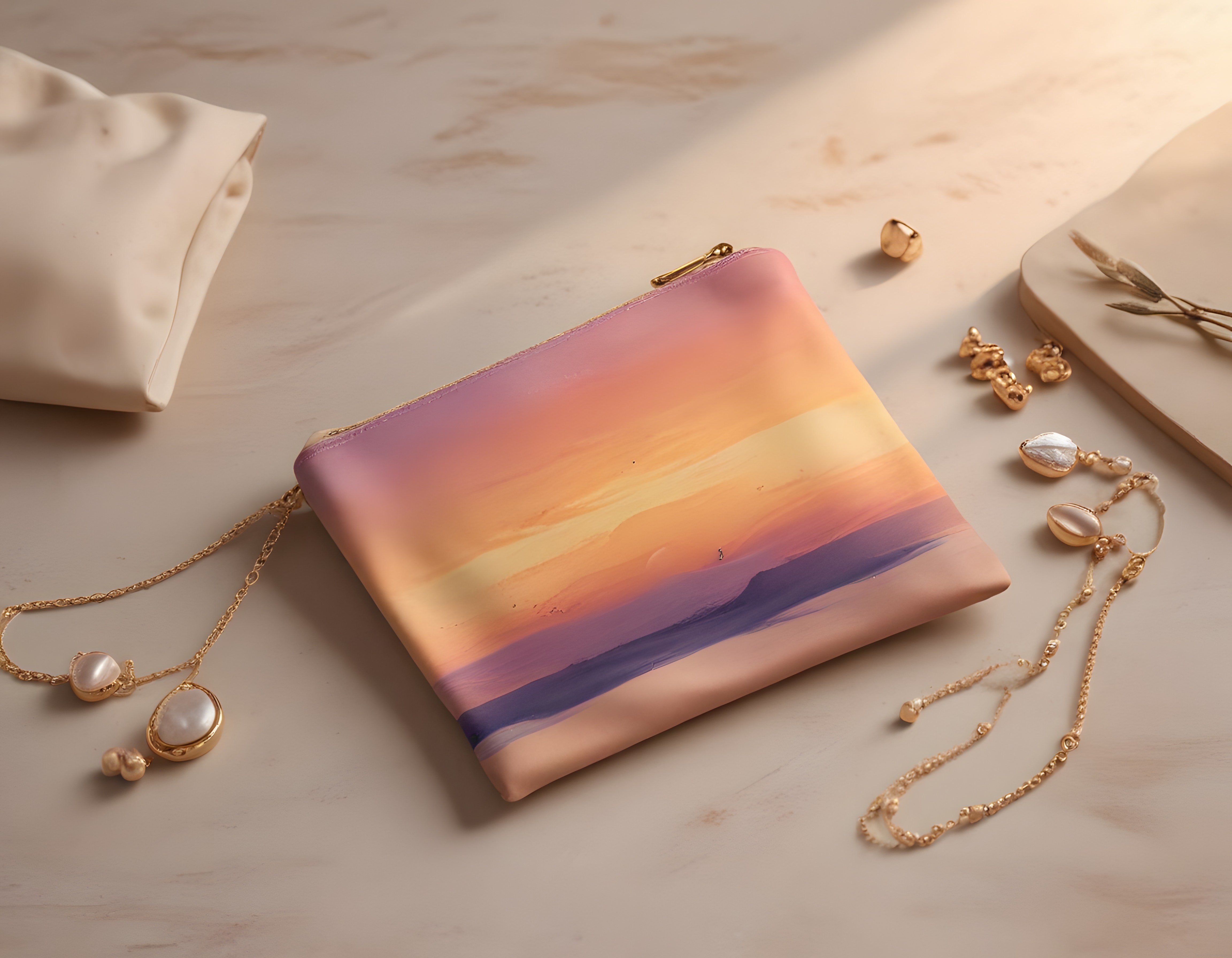 Pastel Tonlarda Gün Batımı Desenli Clutch ve Altın İnci Takıların Şık Sunumu