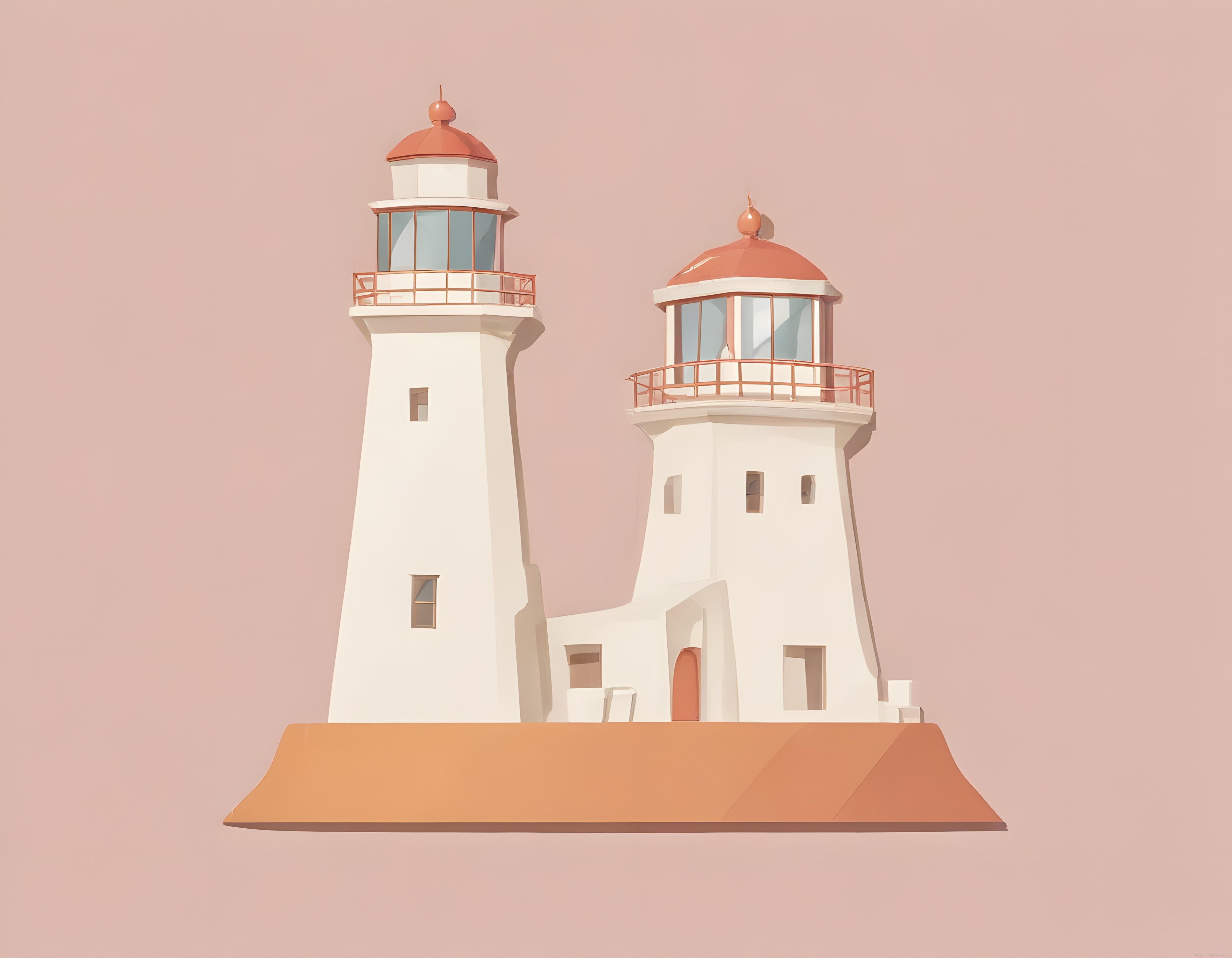 Pastel Tonlarda İki Deniz Feneri: Minimalist Mimari İllüstrasyon