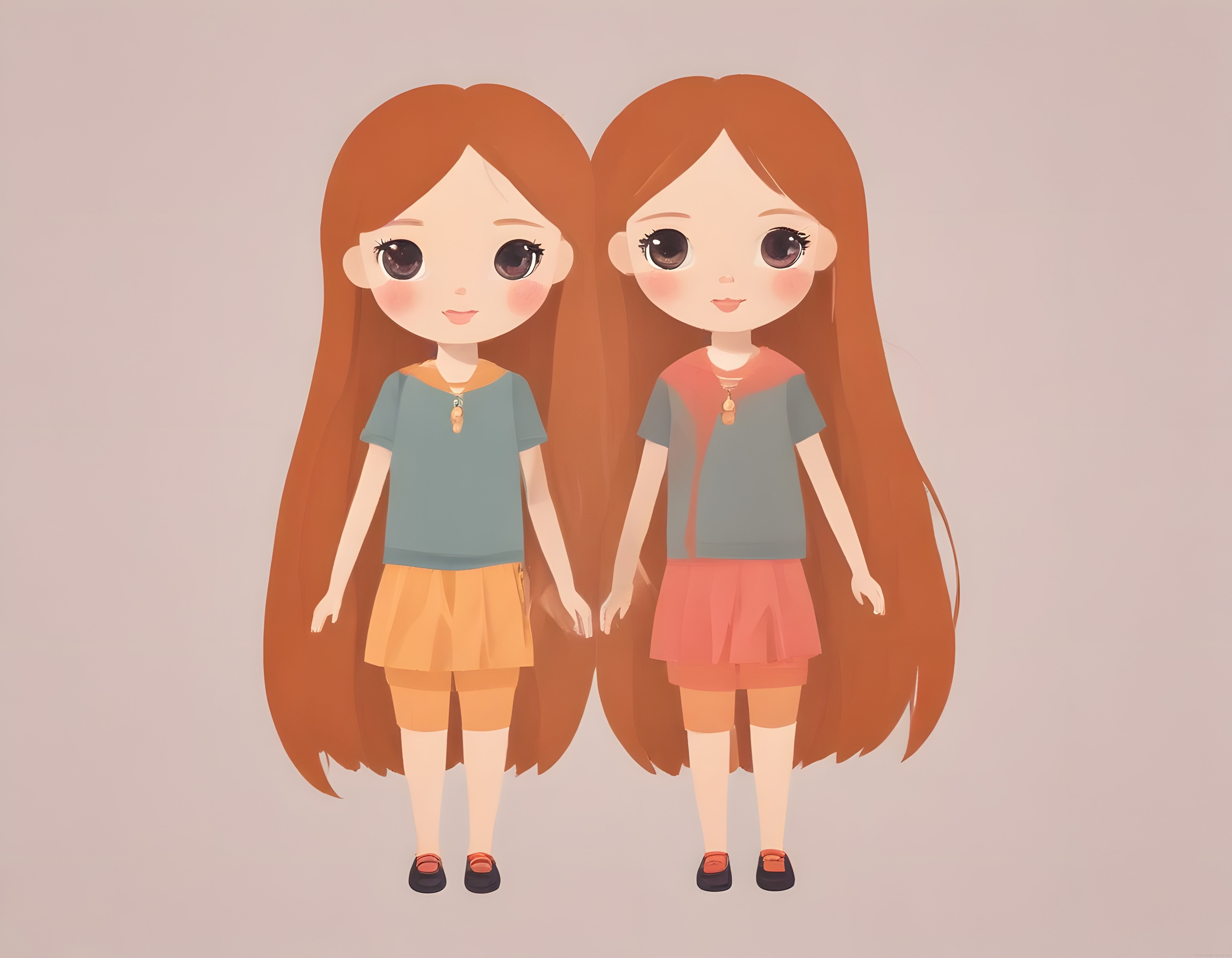 Pastel Tonlarda İkiz Kızlar Sevimli Chibi Dijital Sanat Çalışması