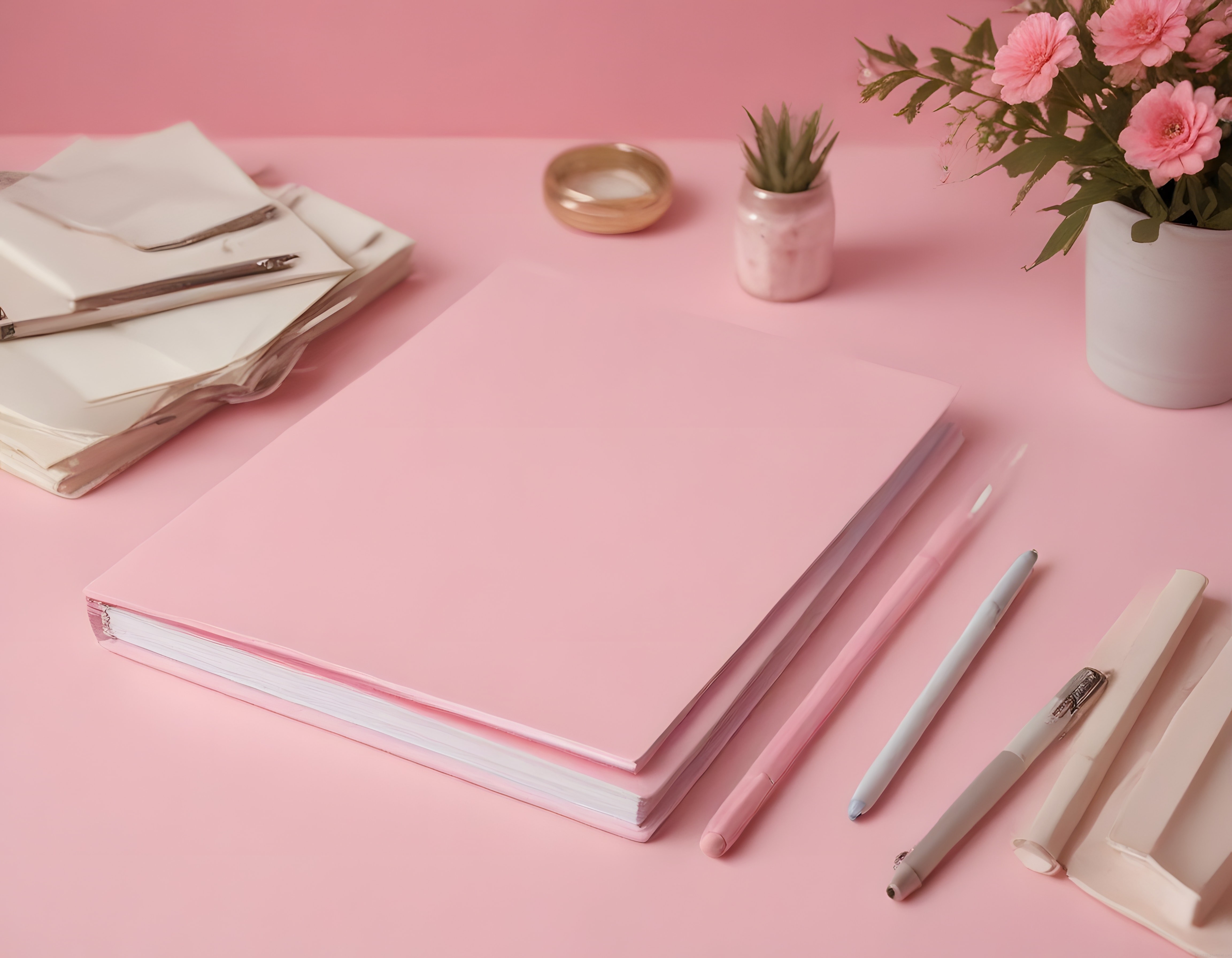 Pastel Tonlarda Kırtasiye Düzeni: Pembe Defter, Kalem ve Masa Dekoru