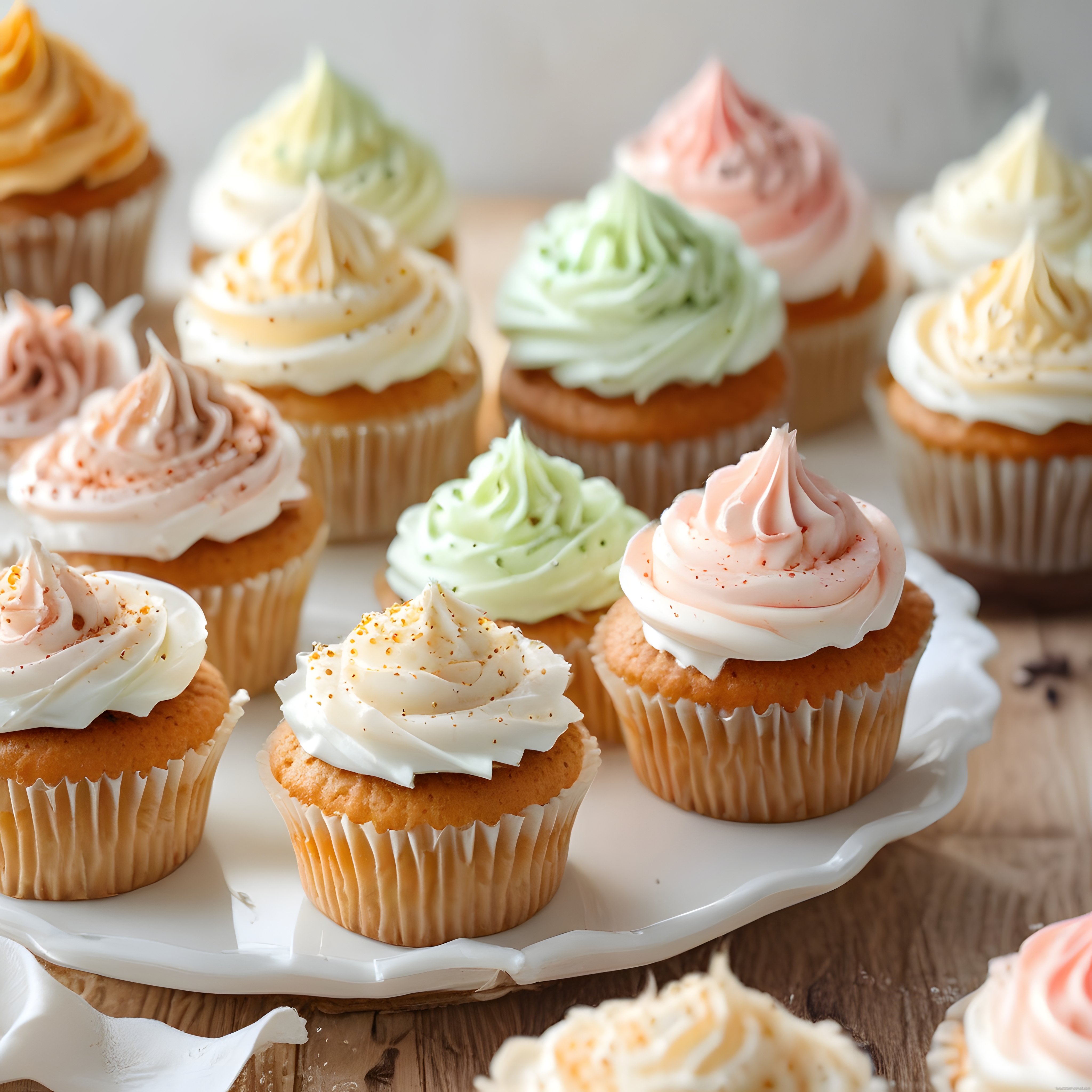 pastel tonlarda krema süslü cupcakelerle ev yapımı şık tatlı sunumu ve ikramı