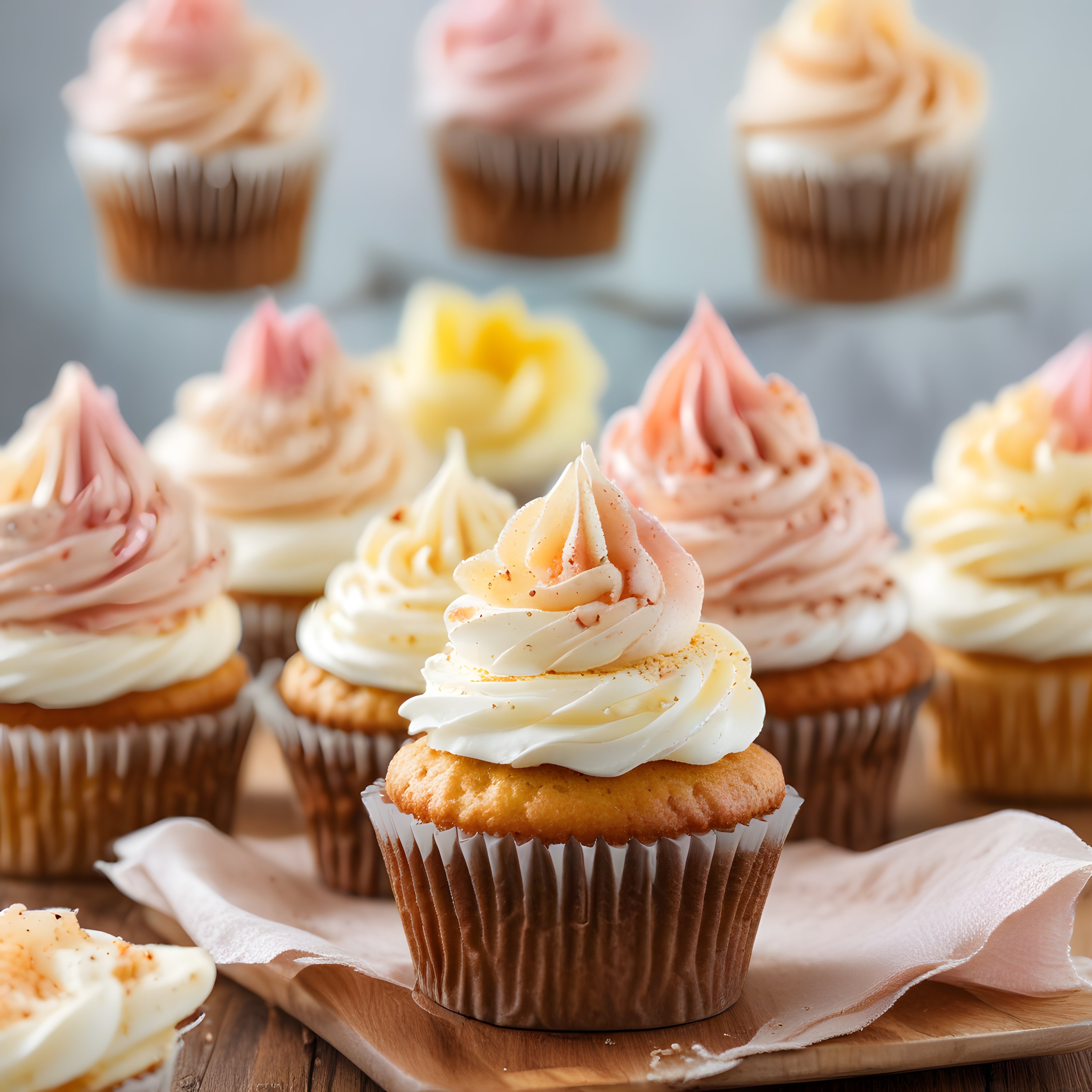 Pastel tonlarda kremalı cupcake'lerle rustik tatlı sunumu