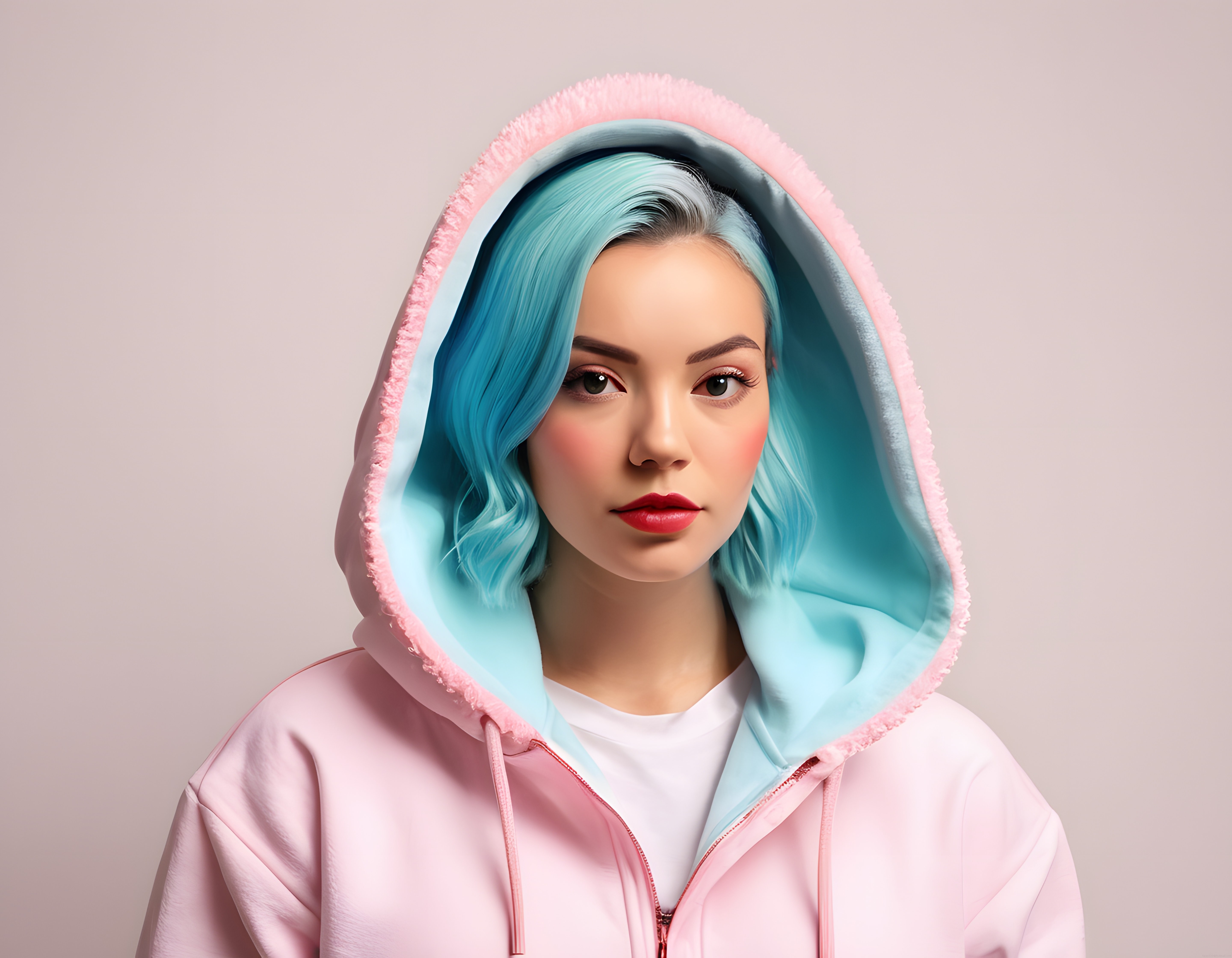 Pastel Tonlarda Mavi Saçlı ve Pembe Kapüşonlu Stilize Kadın Portresi