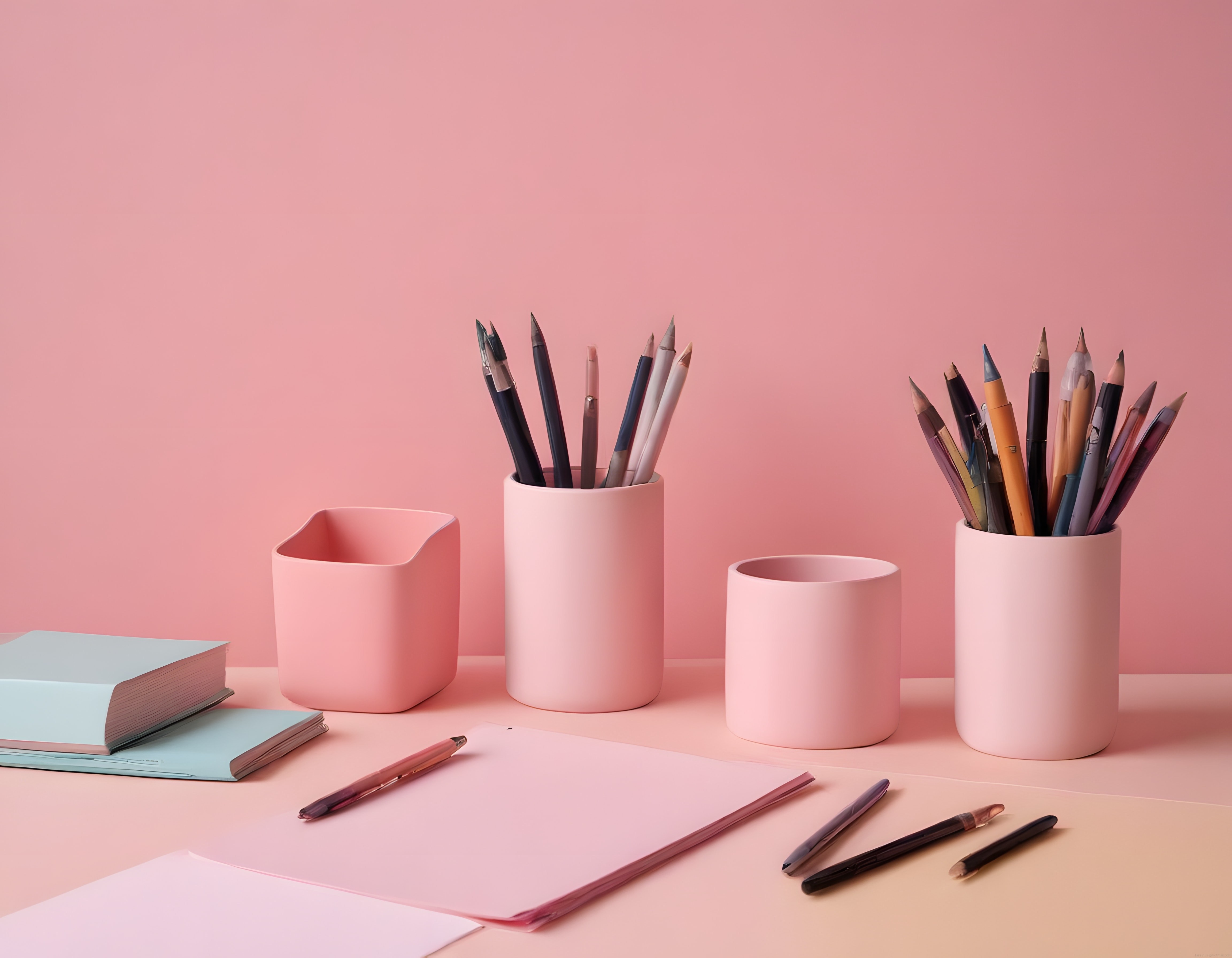 Pastel Tonlarda Minimalist Çalışma Alanı ve Düzenli Kırtasiye Aksesuarları