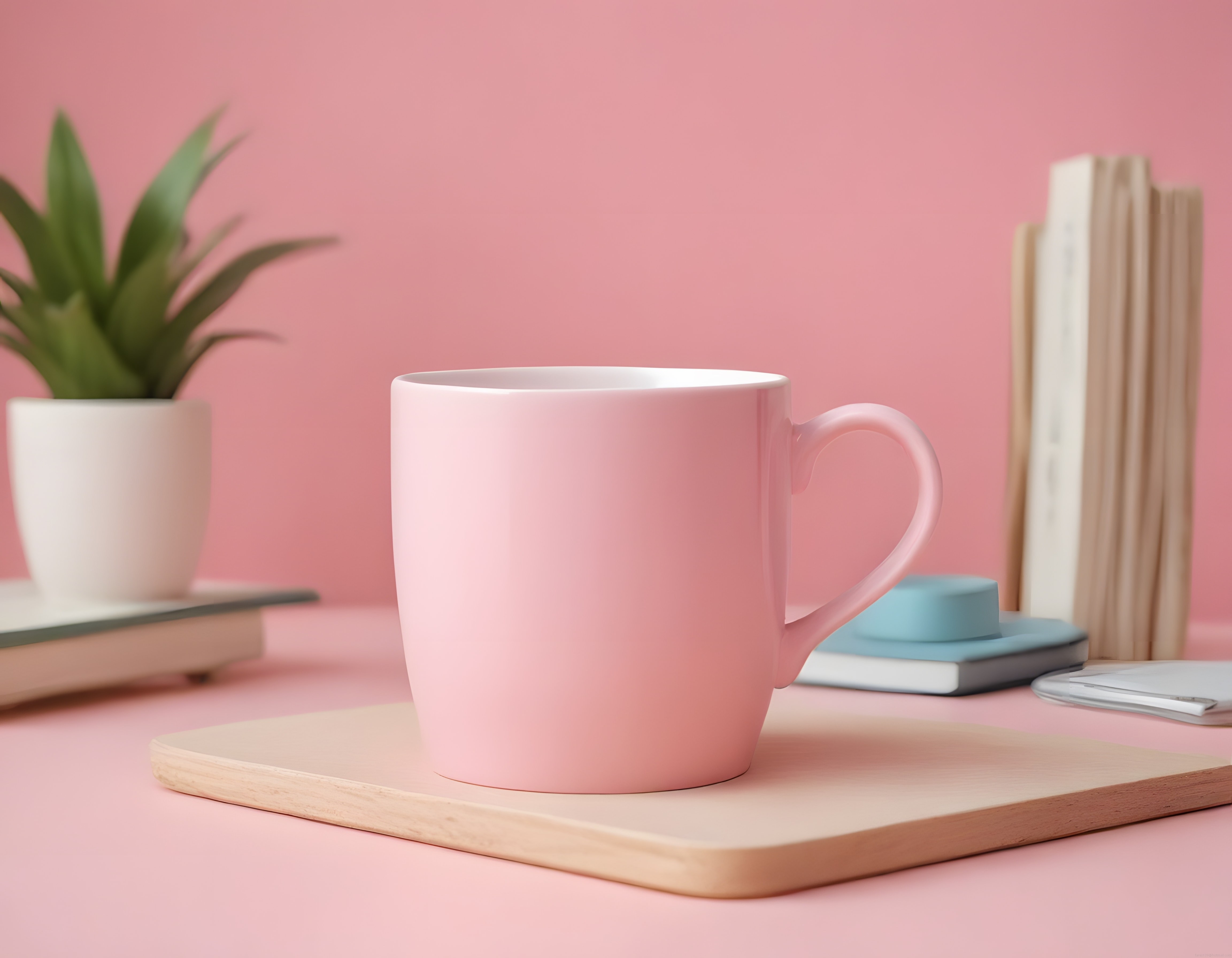 Pastel Tonlarda Minimalist Çalışma Masası Dekoru ve Pembe Seramik Kupa