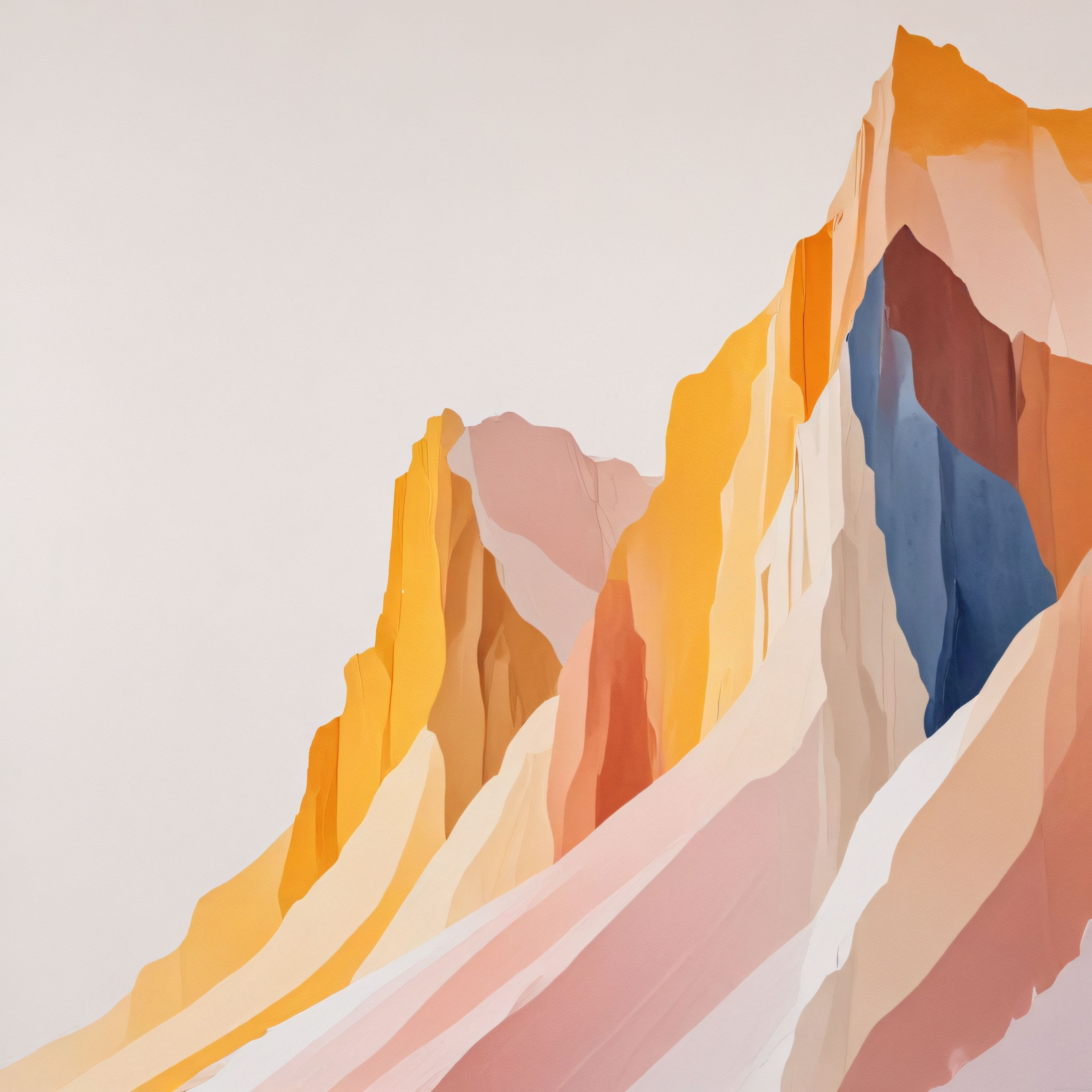 Pastel tonlarda minimalist soyut dağ manzarası ve katmanlı kayalık duvarları