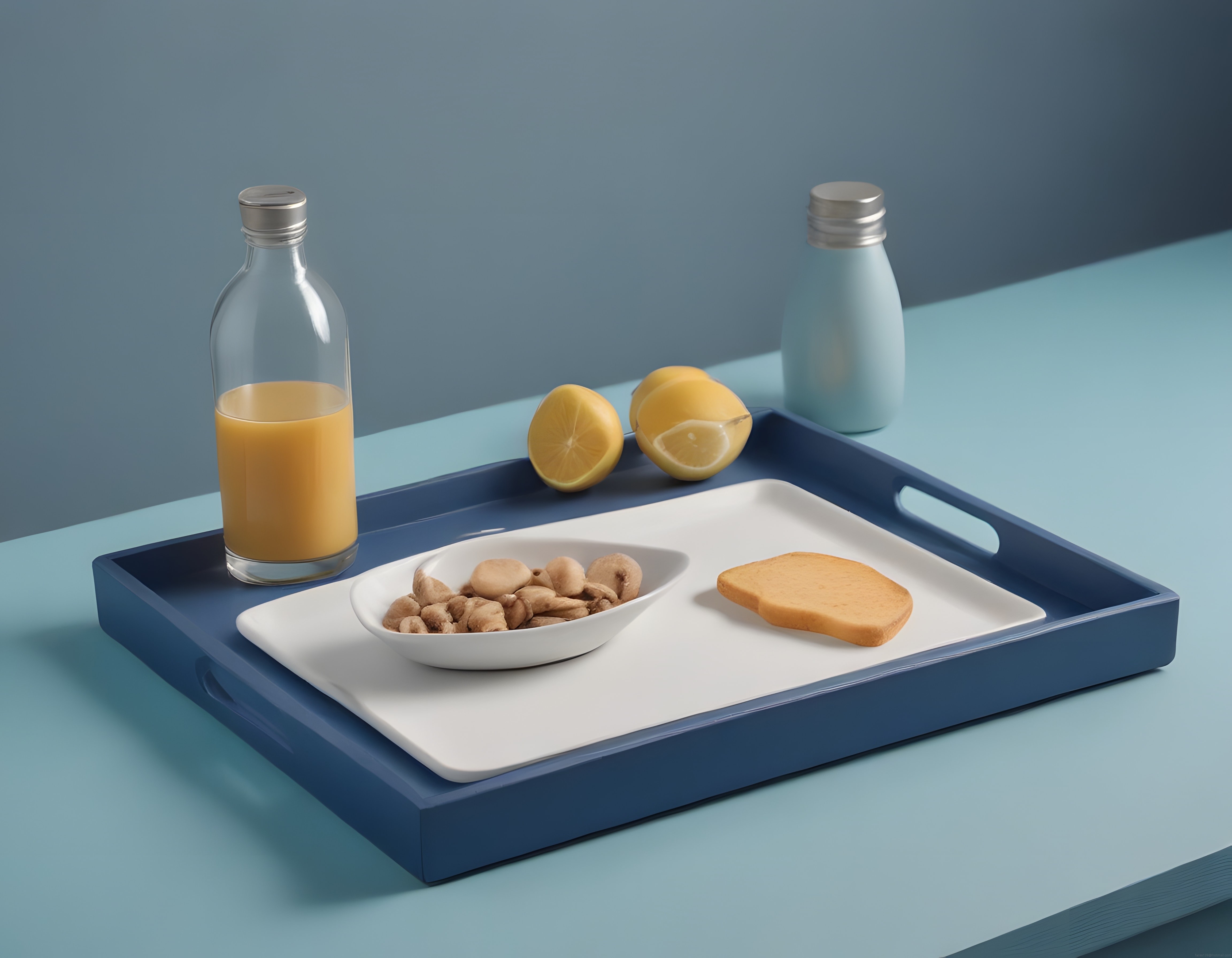 Pastel Tonlarda Modern Sunum: Portakal Suyu ve Mantarlı Kahvaltı Tepsisi