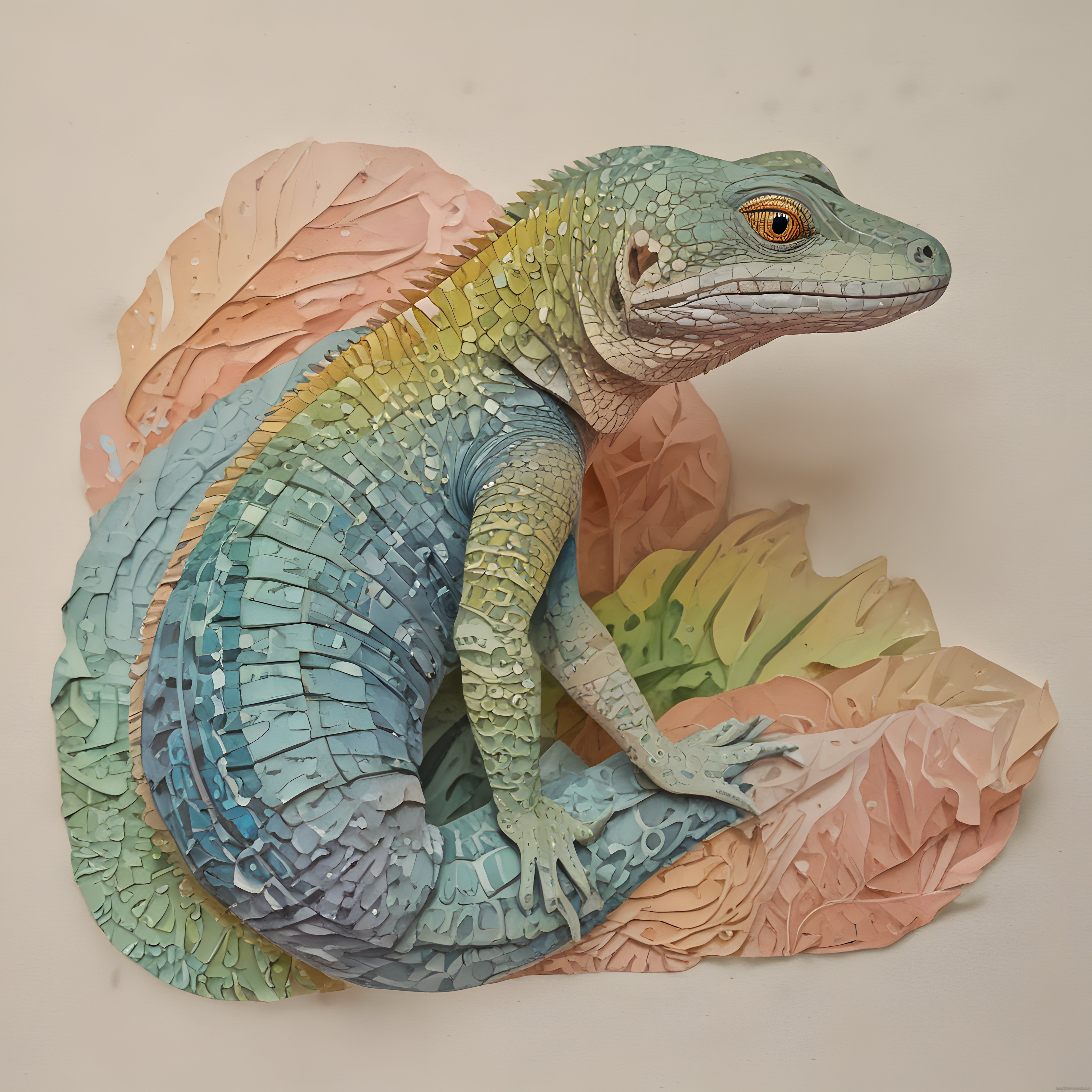 Pastel Tonlarda Mozaik Parçacıklardan Oluşan Renkli İguana Sanatı