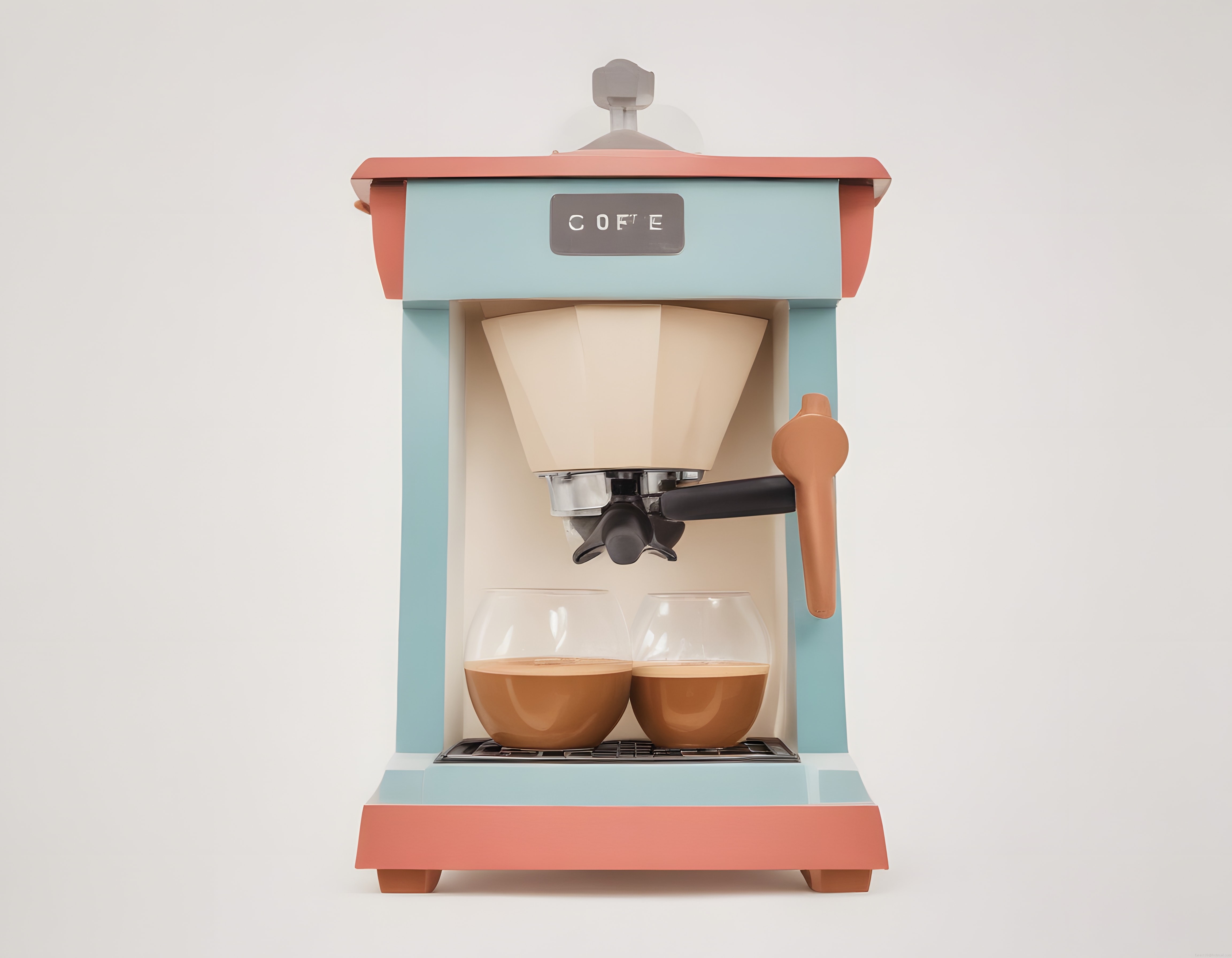 Pastel Tonlarda Retro Espresso Makinesi ve İki Fincan Taze Kahve