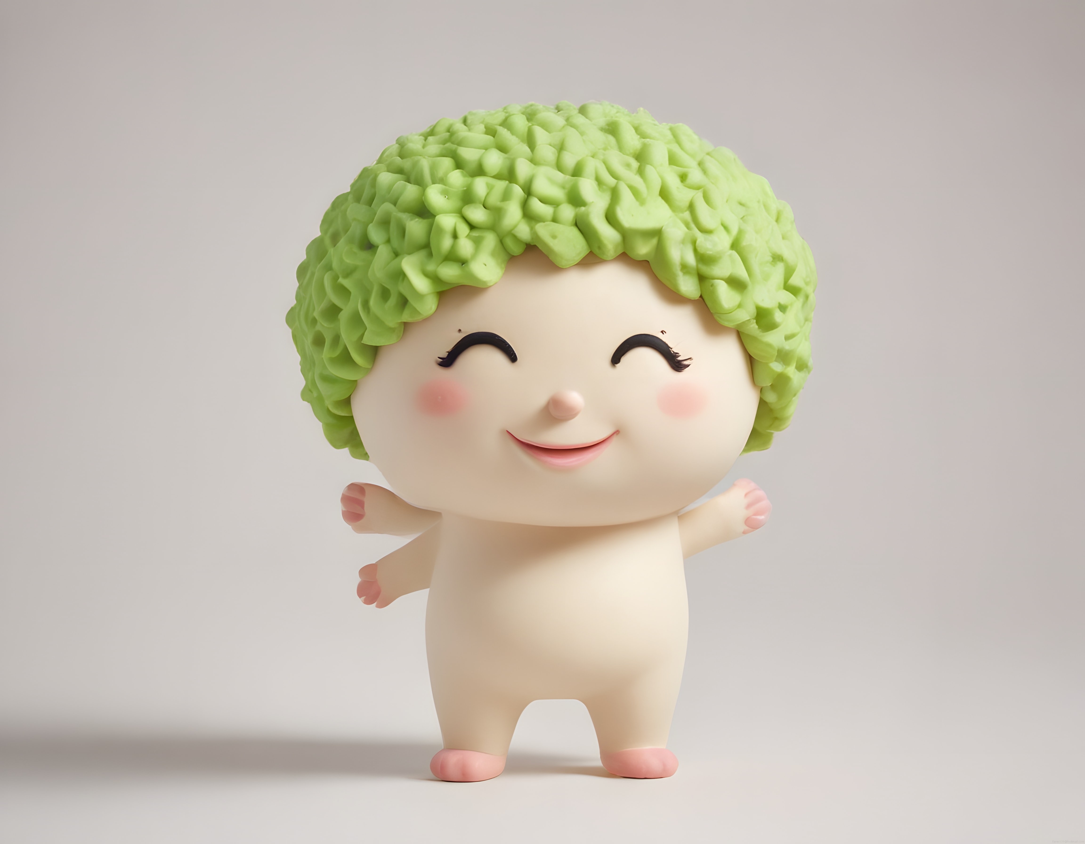 Pastel Tonlarda Sevimli 3D Karakter: Gülümseyen Yeşil Saçlı Minik Figür