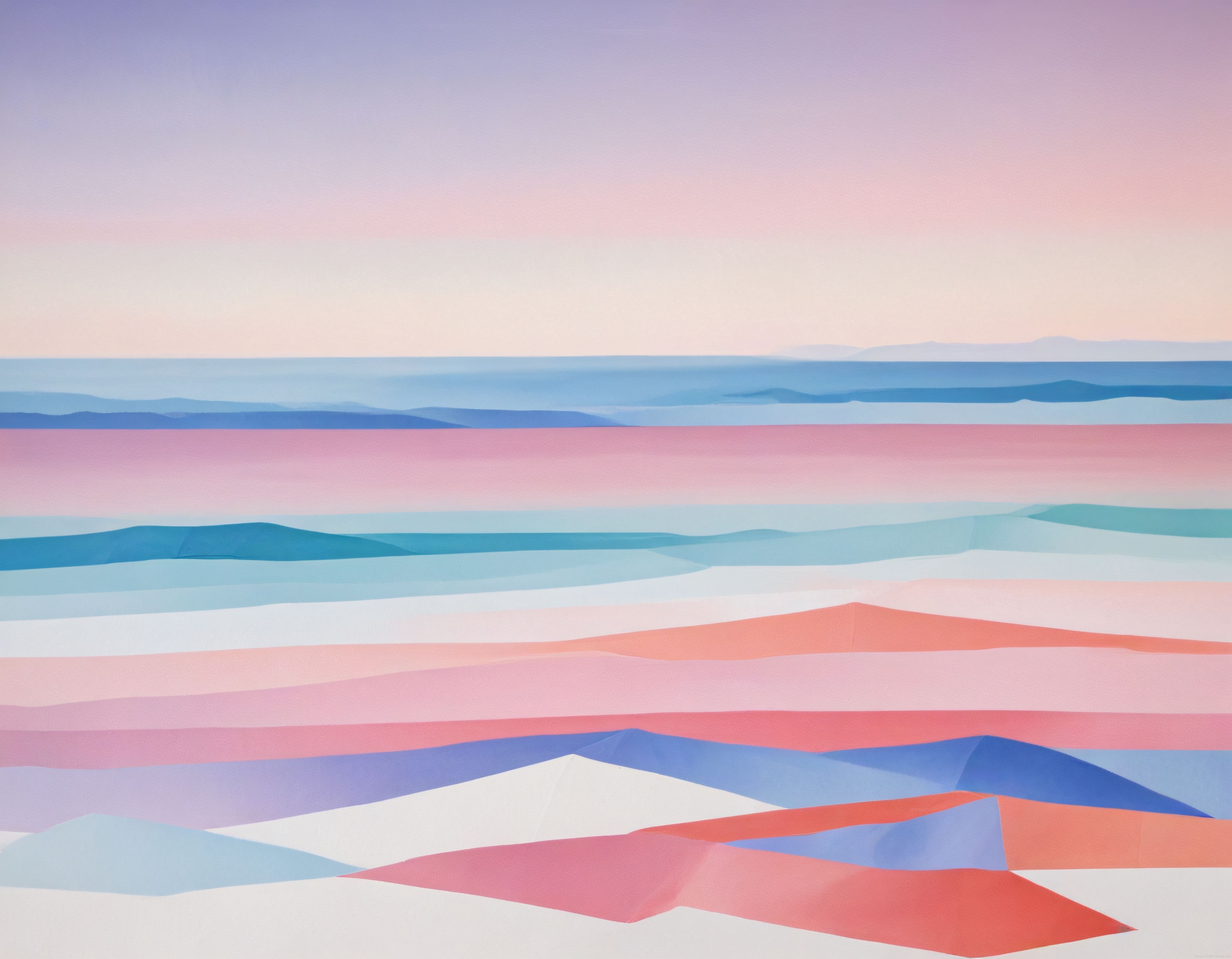 Pastel Tonlarda Soyut Geometrik Dağ Katmanları ve Yumuşak Gökyüzü Manzarası