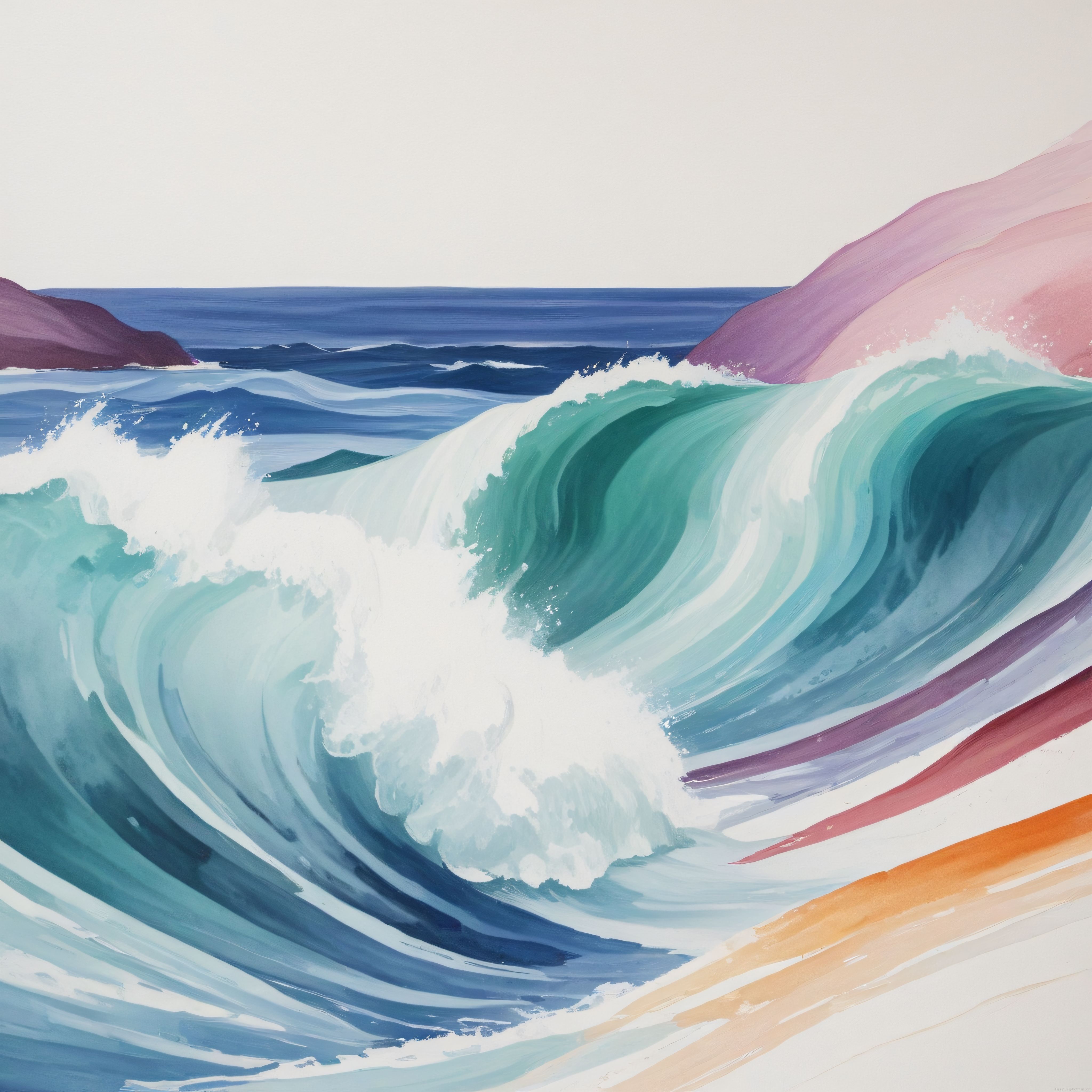 Pastel Tonlarda Soyut Okyanus Dalgaları ve Kıyı Manzaralı Modern Sanat Eseri