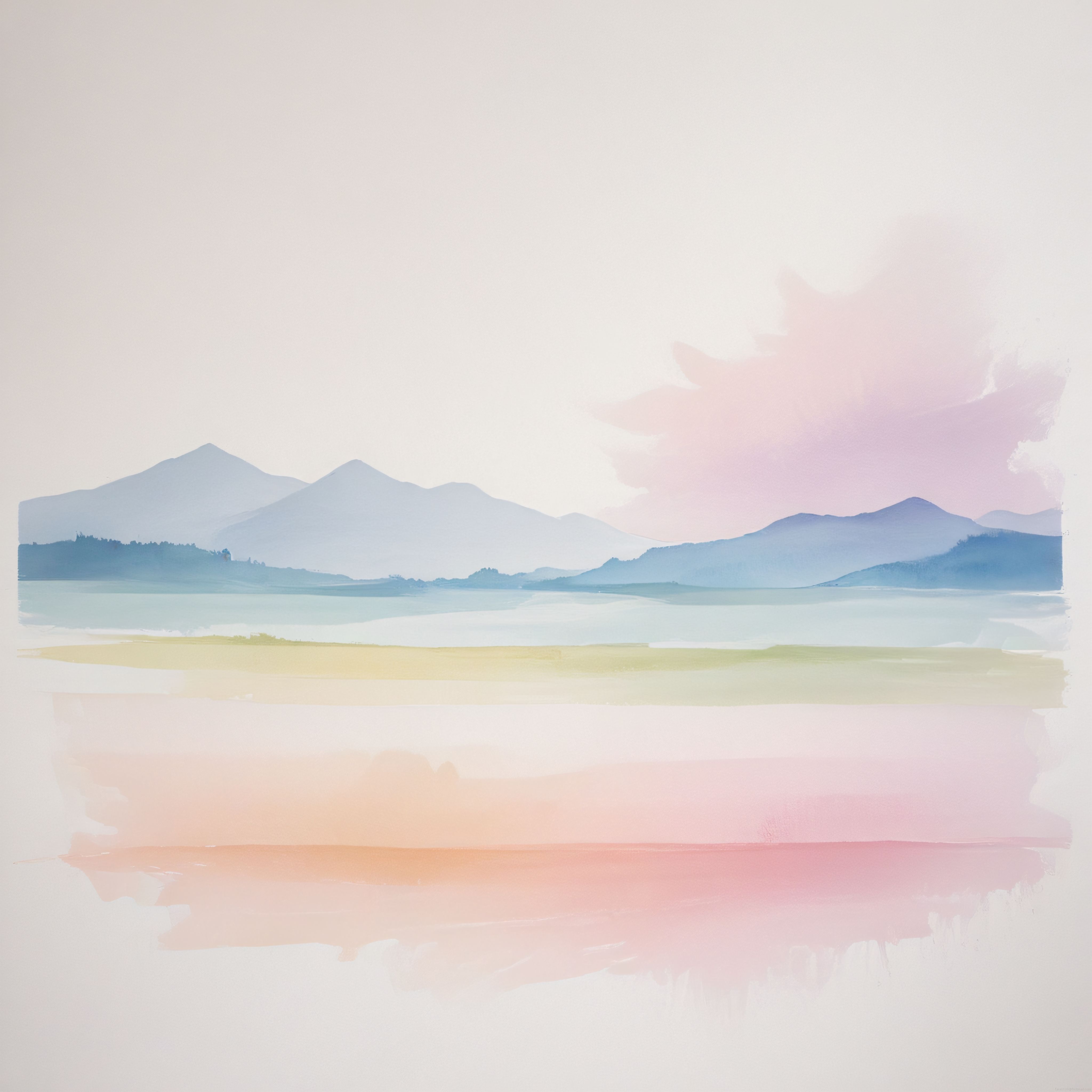 Pastel Tonlarda Suluboya Dağ Gölü Manzarası ve Pembe Refleksler