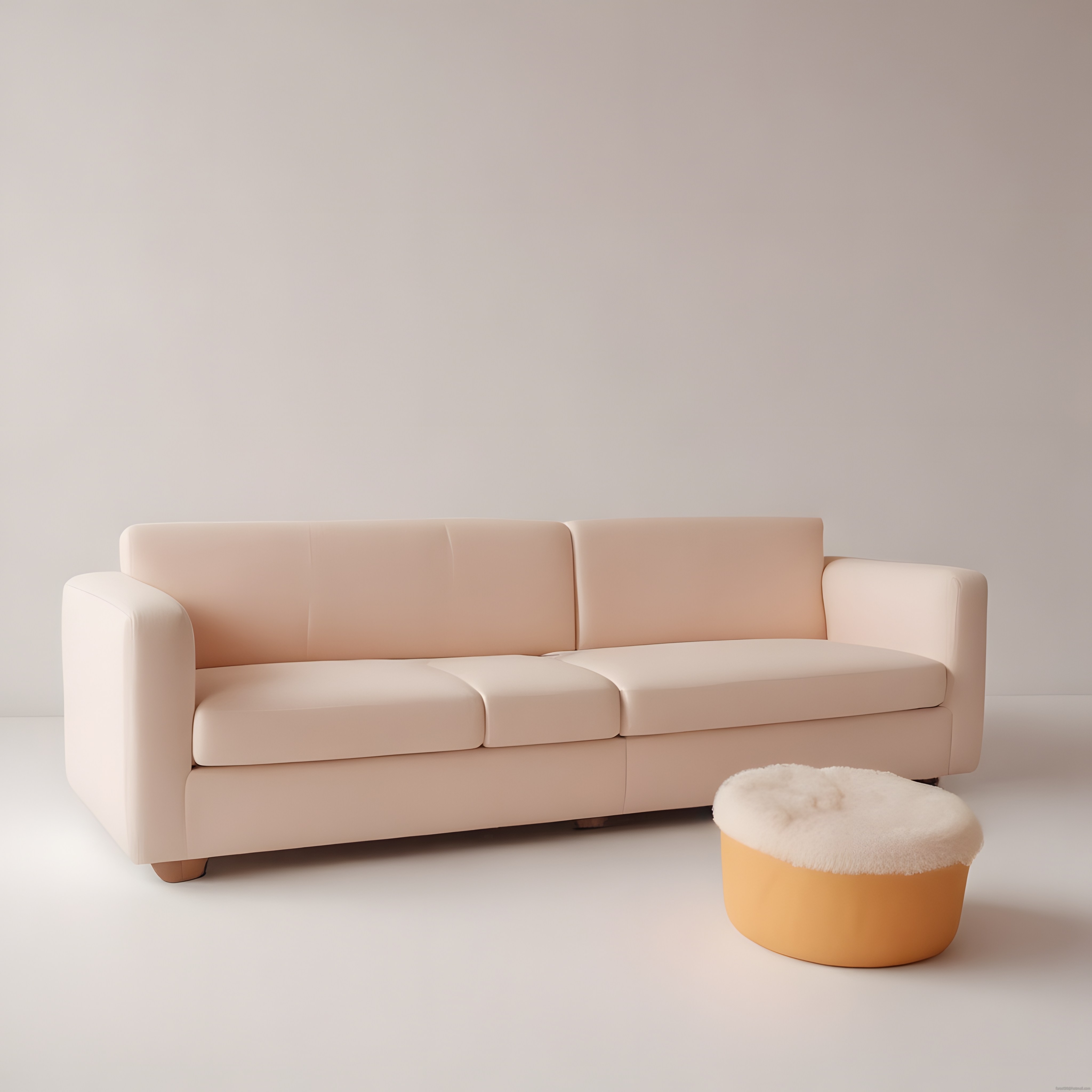 Pastel Tonlarında Modern Kanepe ve Pelüş Puf ile Minimalist Oturma Odası Dekorasyonu