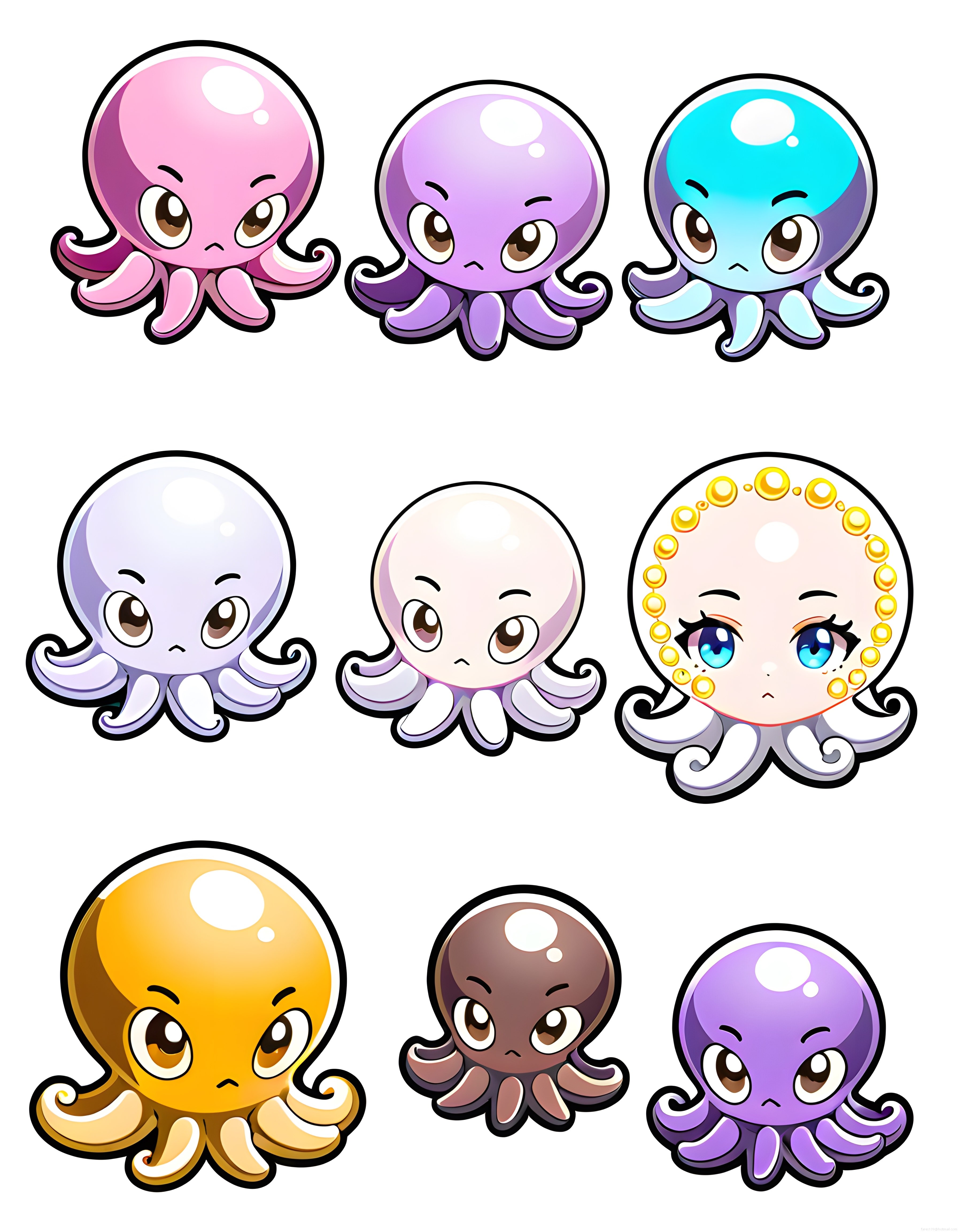 Pastel ve Canlı Renklerde Sekiz Farklı Somurtkan Kawaii Ahtapot Çizimi