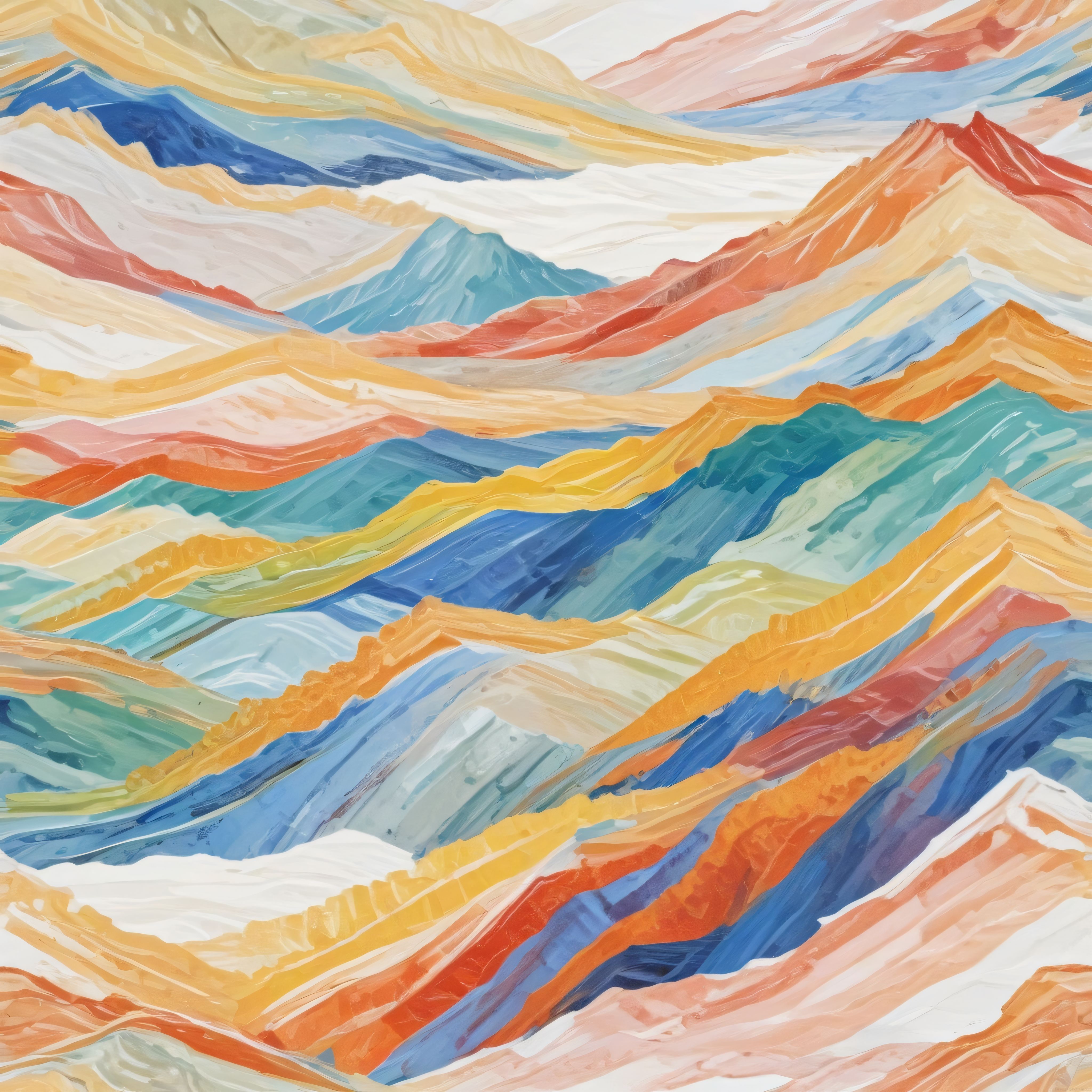 Pastel ve Canlı Renklerle Boyanmış Soyut Dağ Manzarası Sanat Eseri
