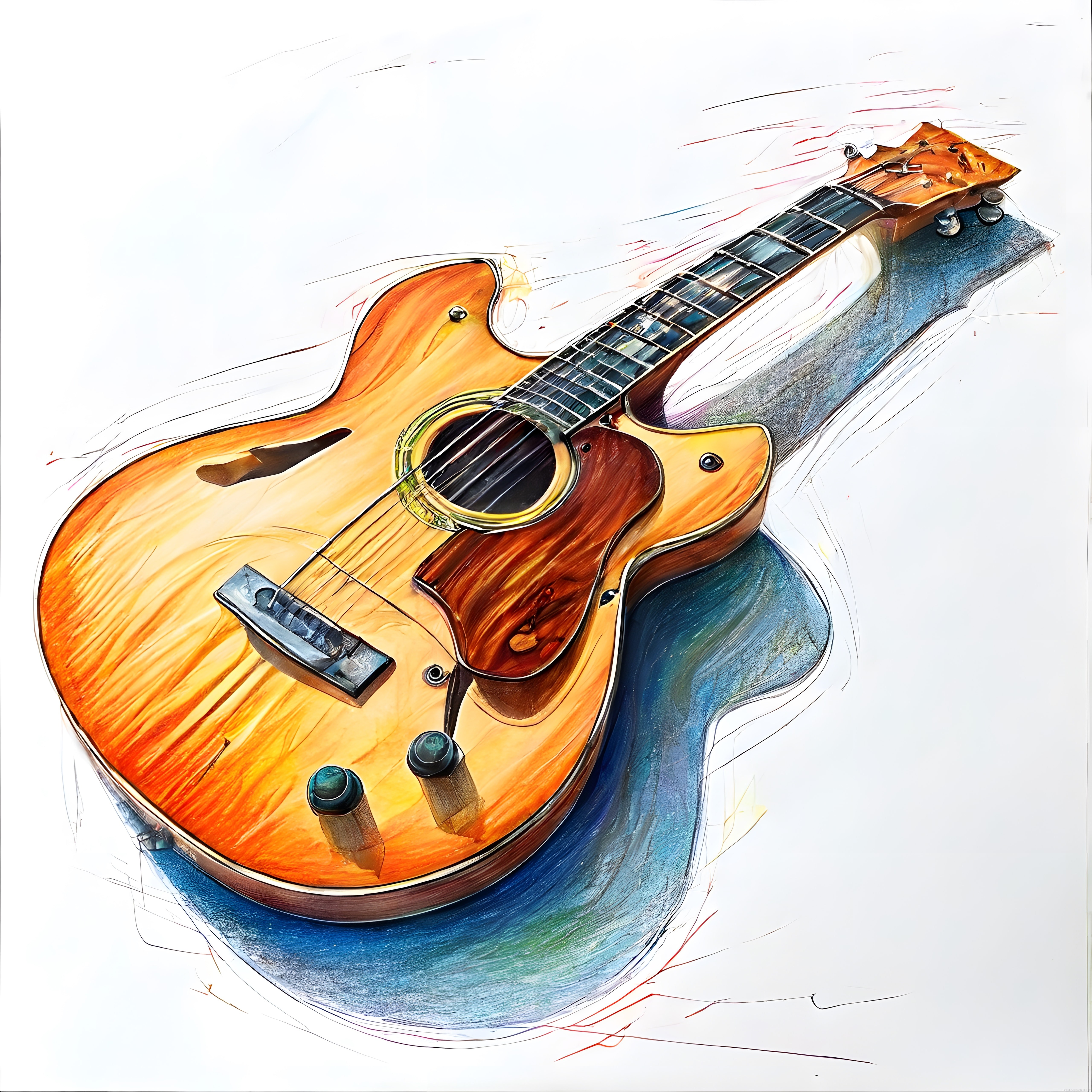 Pastel ve dijital boya tekniğiyle işlenmiş nostaljik caz gitarı illüstrasyonu