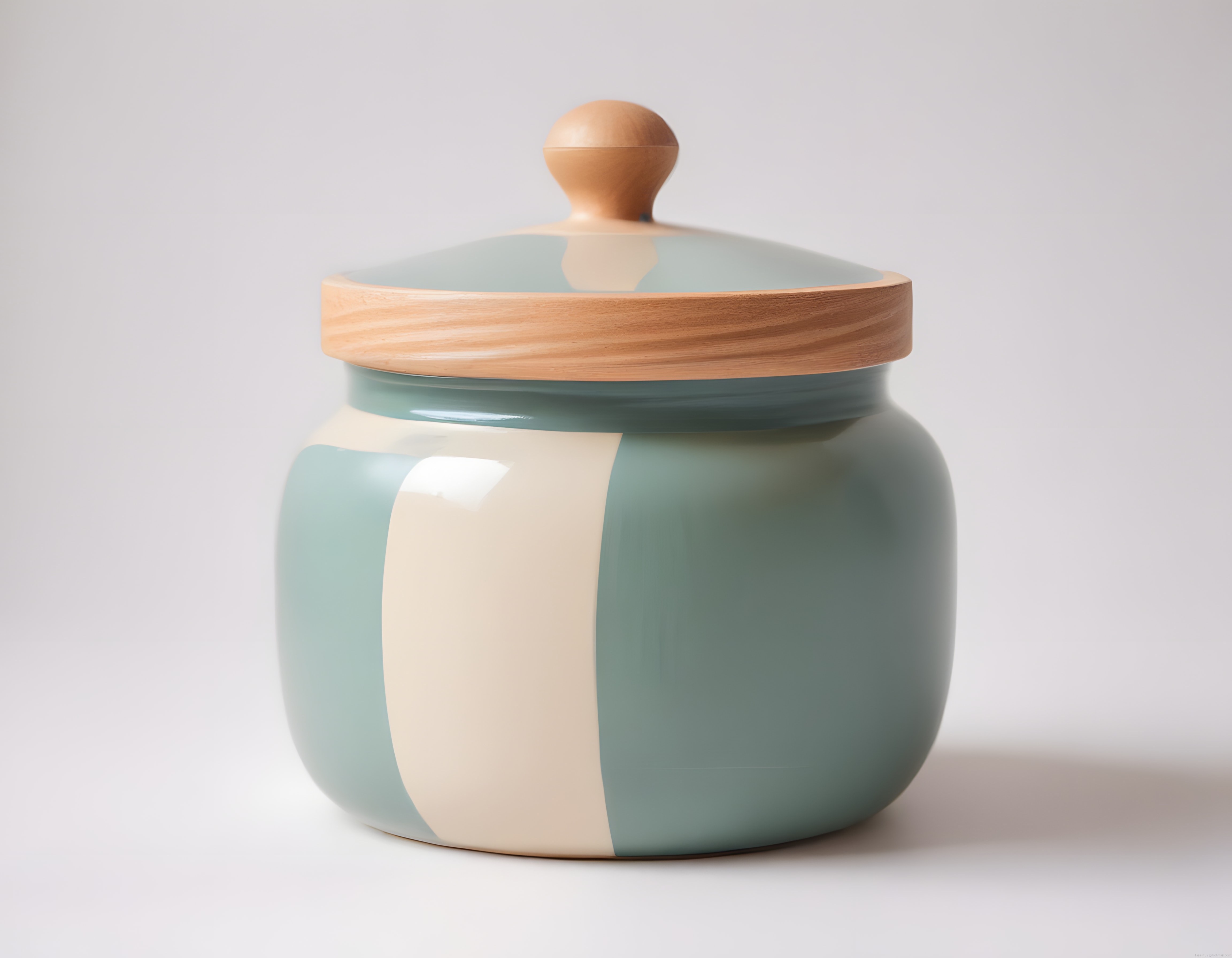 Pastel Yeşil Seramik Saklama Kabı: Ahşap Kapaklı Minimalist Mutfak Dekoru