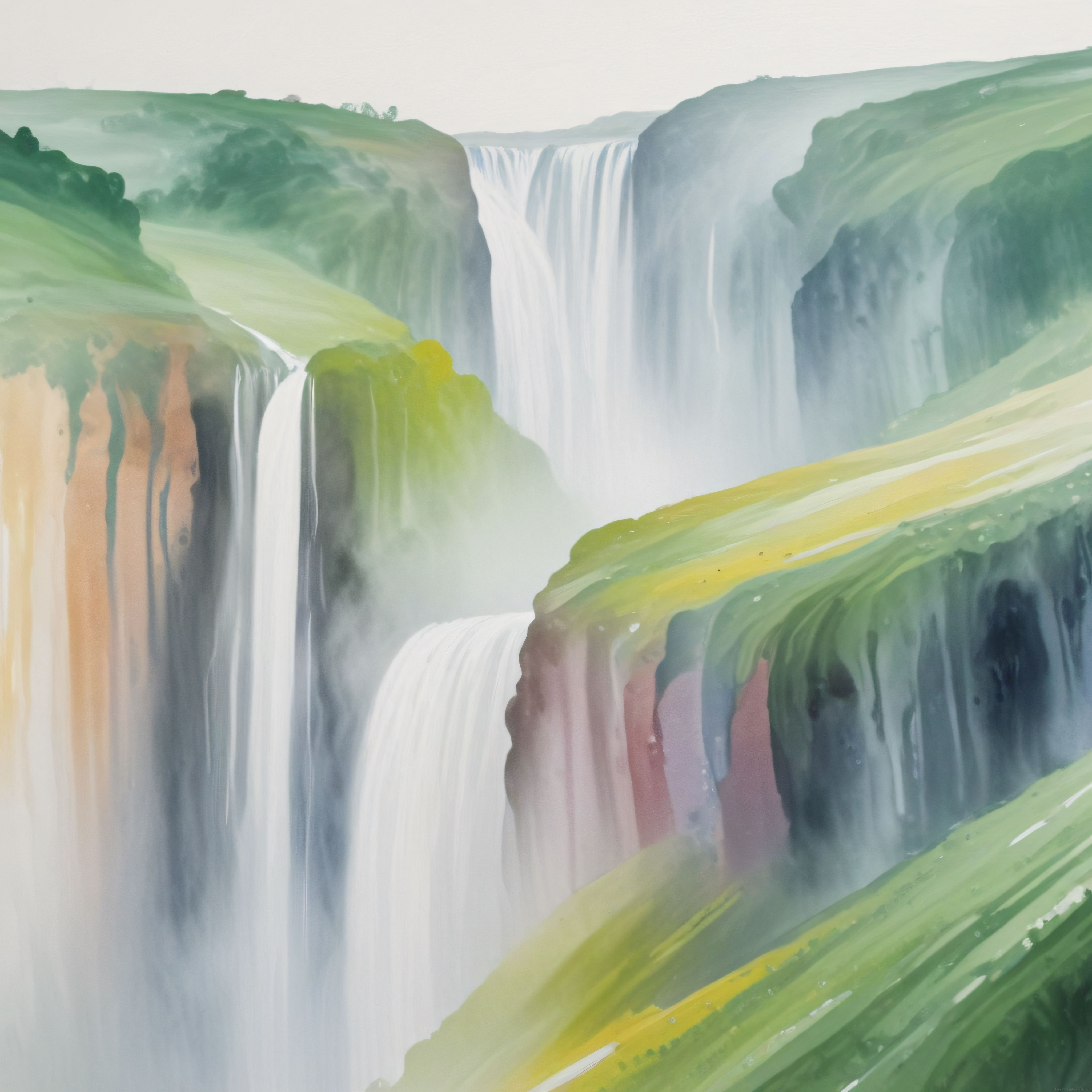 Pastel Yeşil ve Toprak Tonlarda Büyülü Şelaleli Vadi Suluboya Sanat Eseri