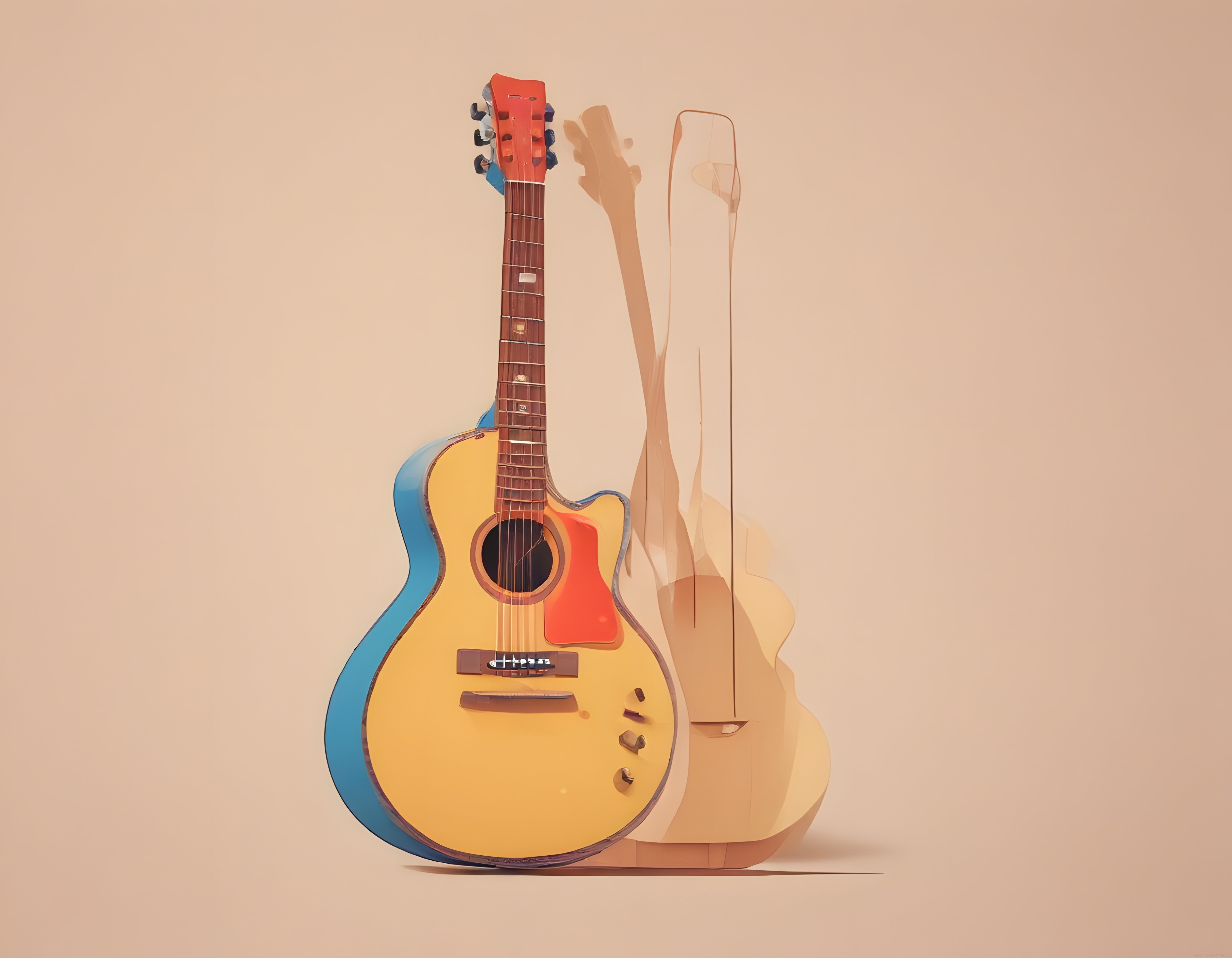 Pastel Zeminde Sanatsal Renkli Akustik Gitar ve Siluet Çalışması