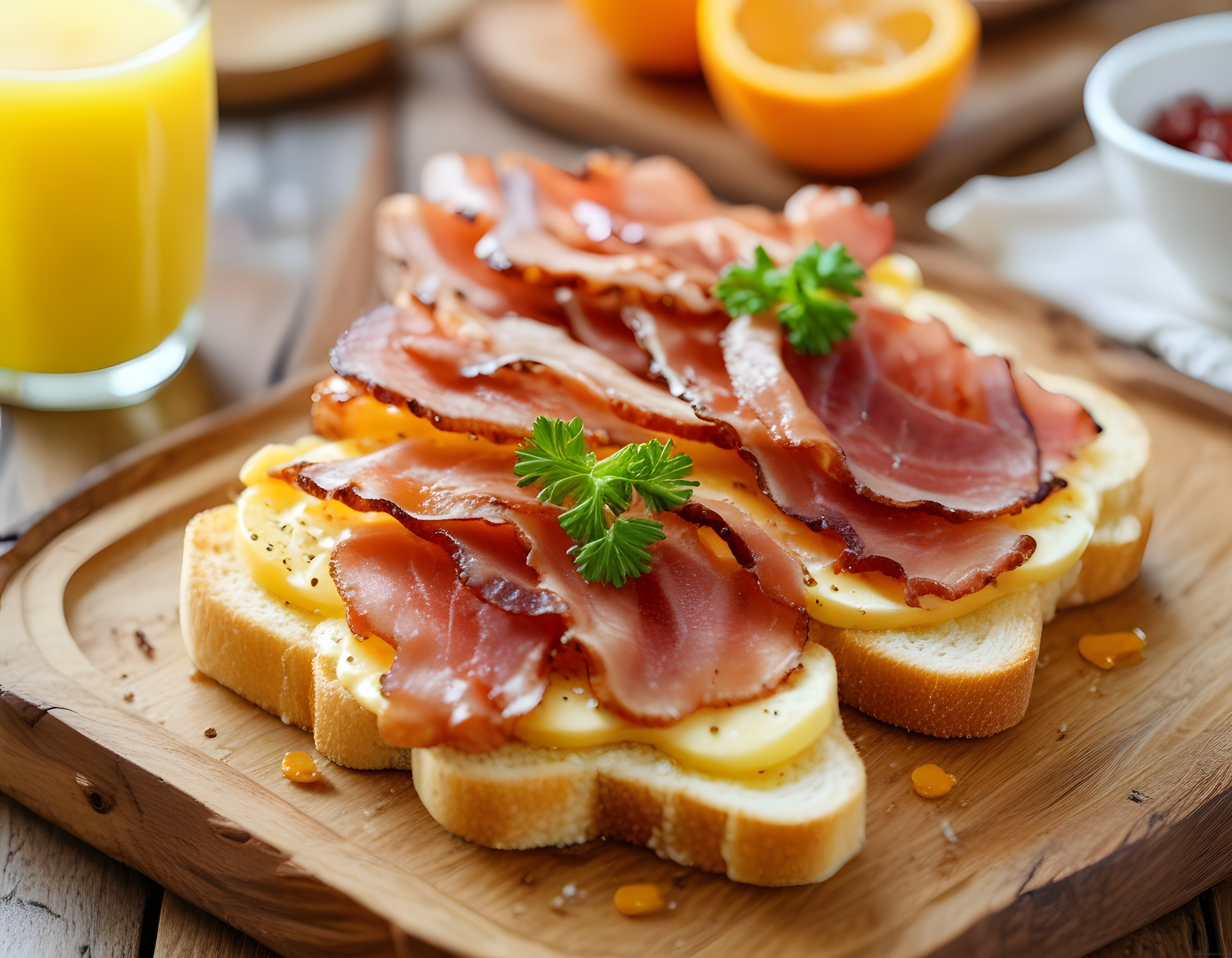 Pastırmalı Yumurtalı Ekmek Üzerinde Portakal Suyu Eşliğinde Kahvaltı