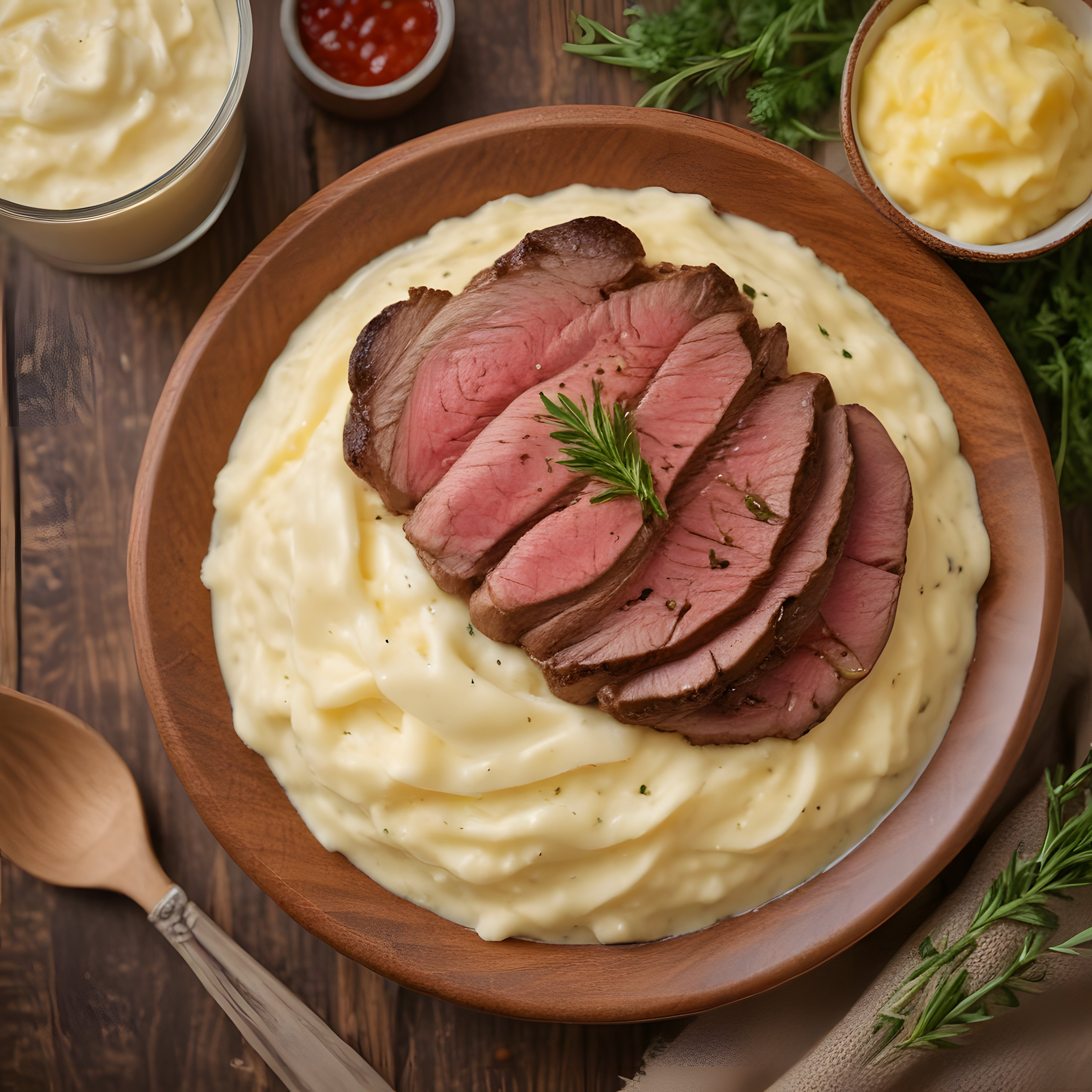 Patates Püresi Üzerinde Orta Pişmiş Biberiyeli Bonfile Dilimleri Sunumu