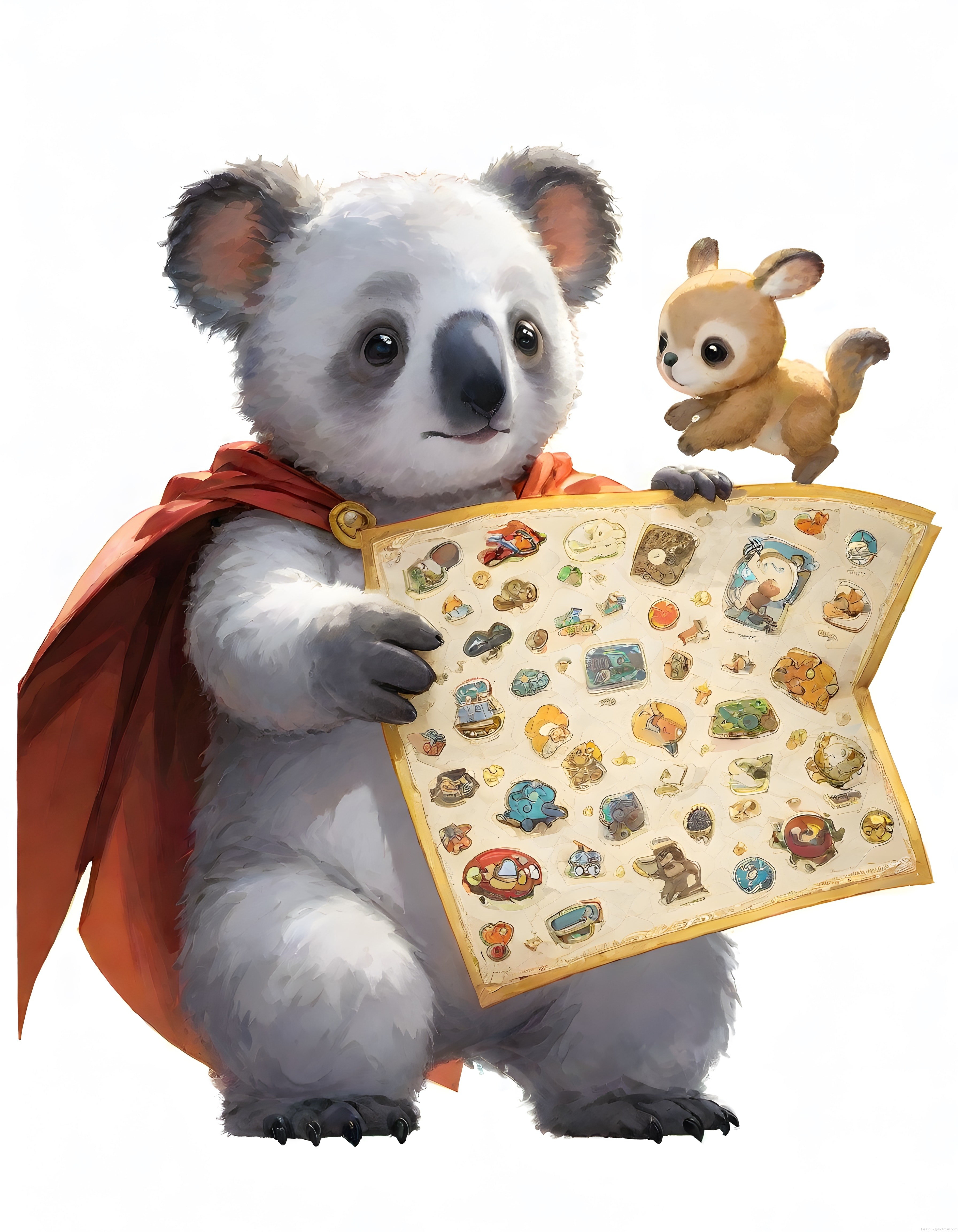 Pelerinli sevimli koala ve dostunun haritadaki renkli macera keşfi