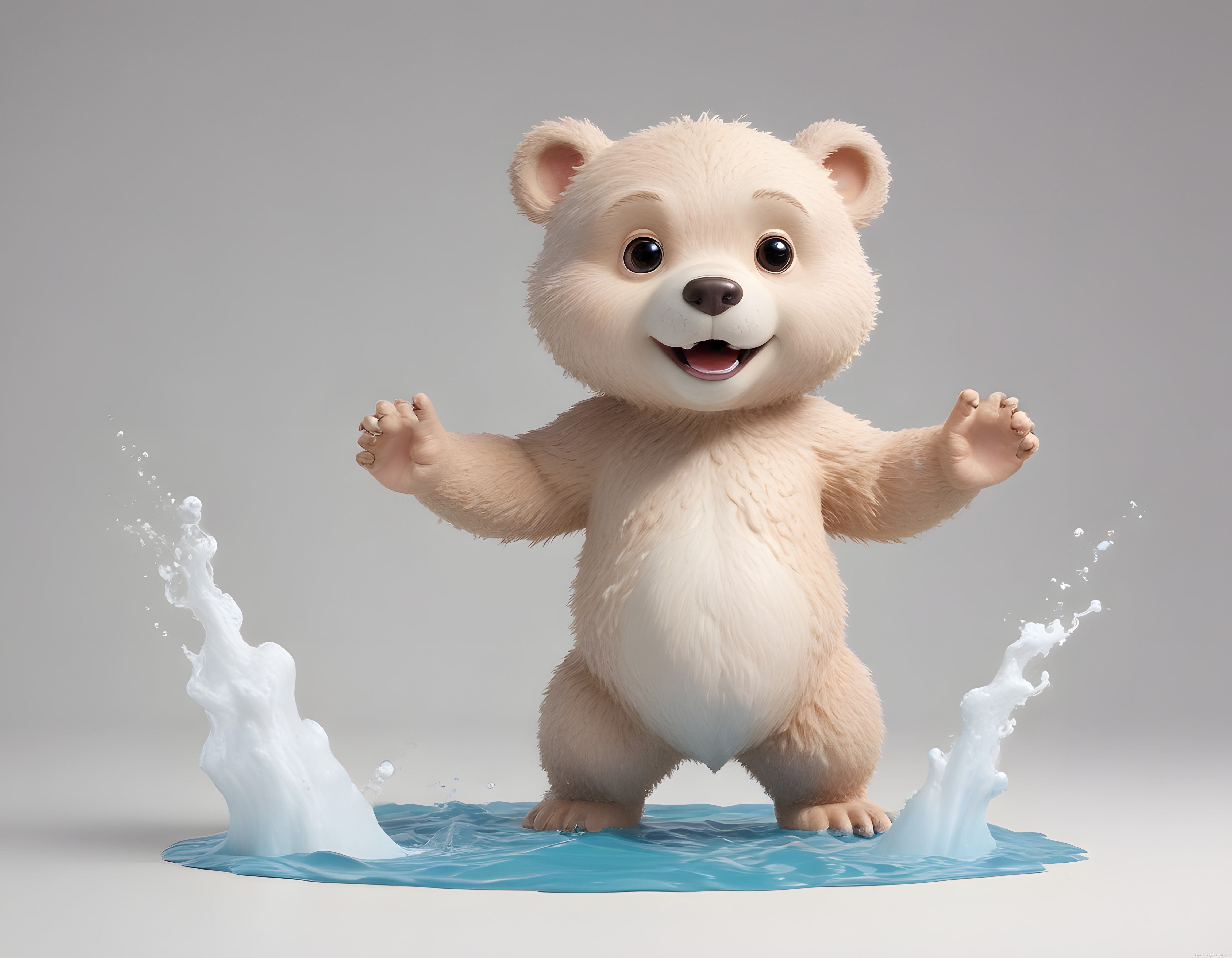 Peluş Ayıcık Su Sıçramalarıyla Neşeli 3D Animasyon Karakteri
