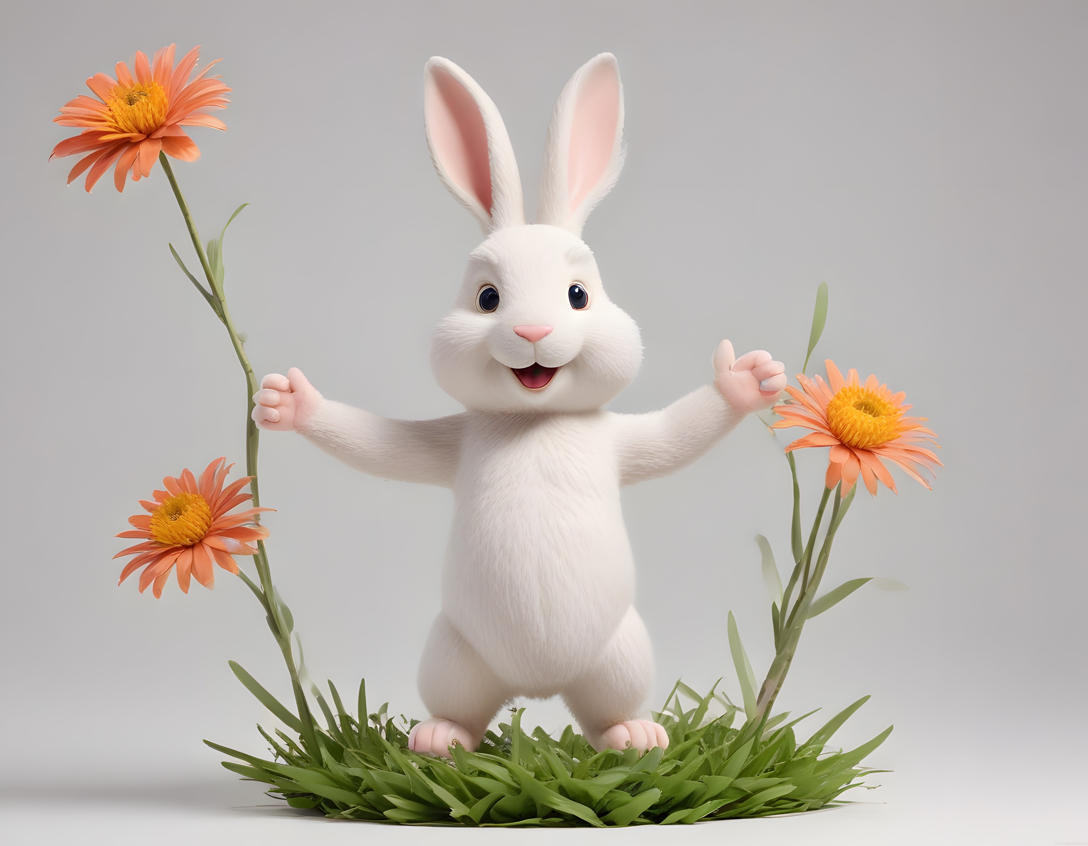 Peluş Dokulu Sevimli Beyaz Tavşan ve Turuncu Gerbera Çiçekleri 3D Sahne