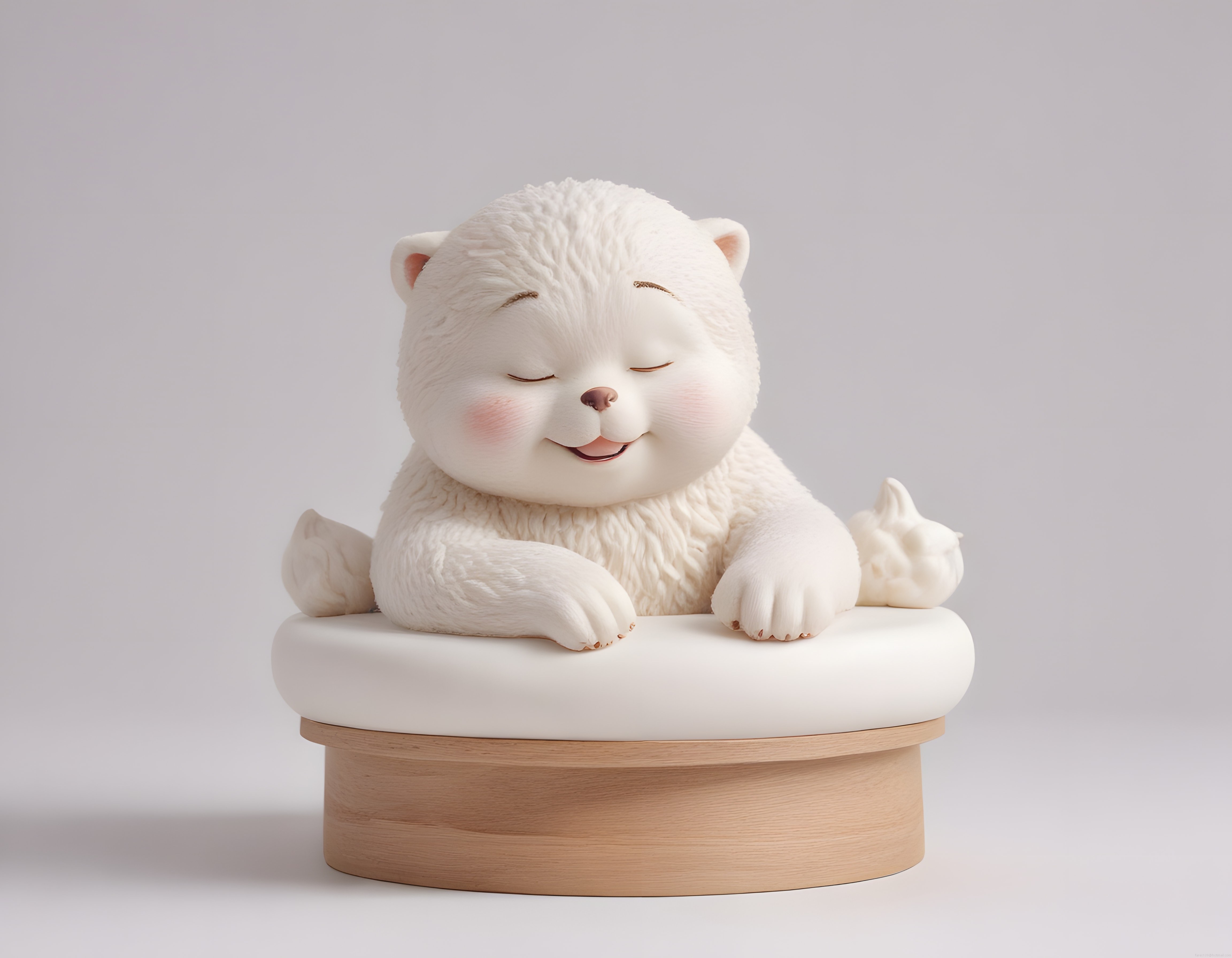 Peluş görünümlü dekoratif beyaz kedi heykeli ahşap stand üzerinde