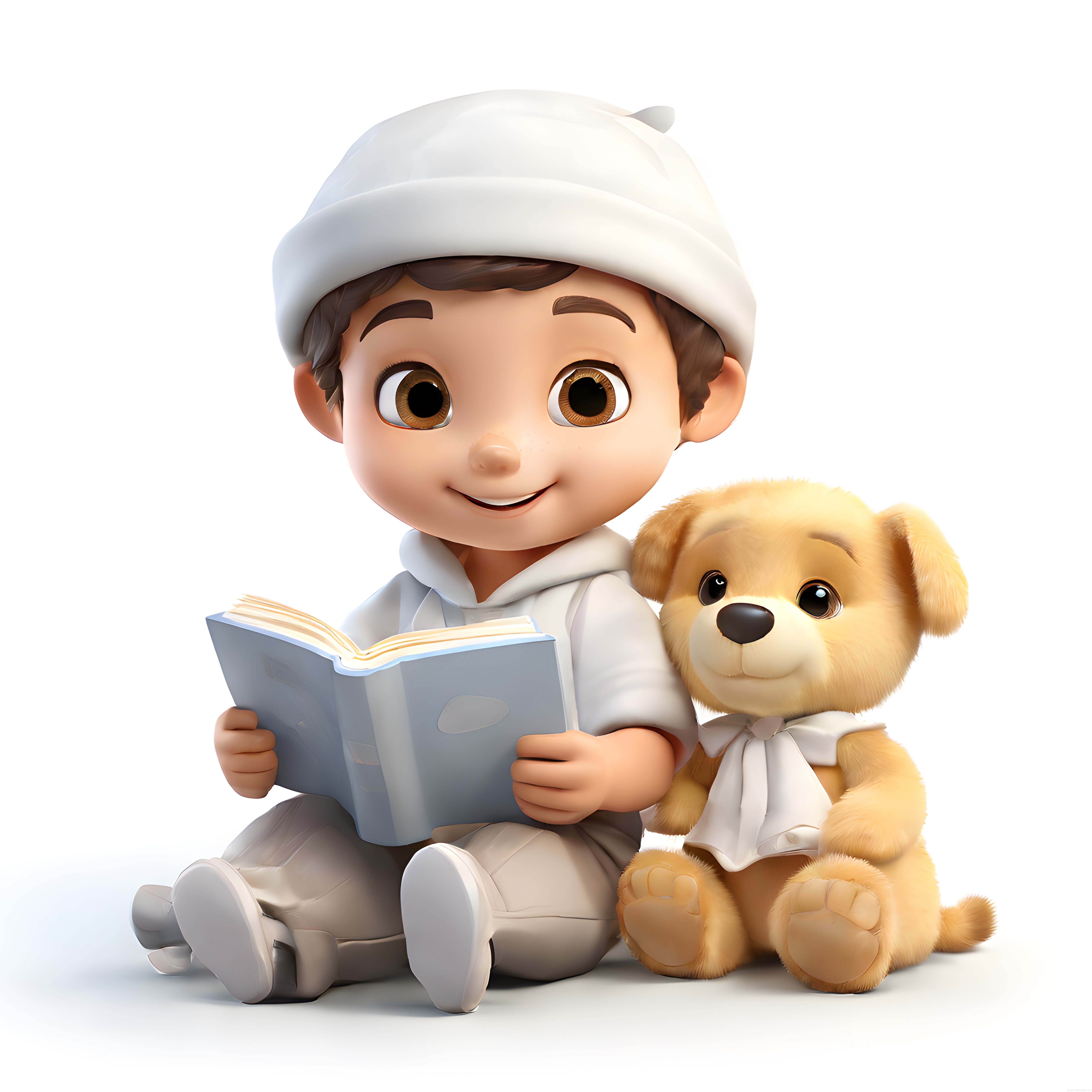 Peluş Köpeğiyle Kitap Okuyan Bere Takmış Sevimli 3D Animasyon Çocuk