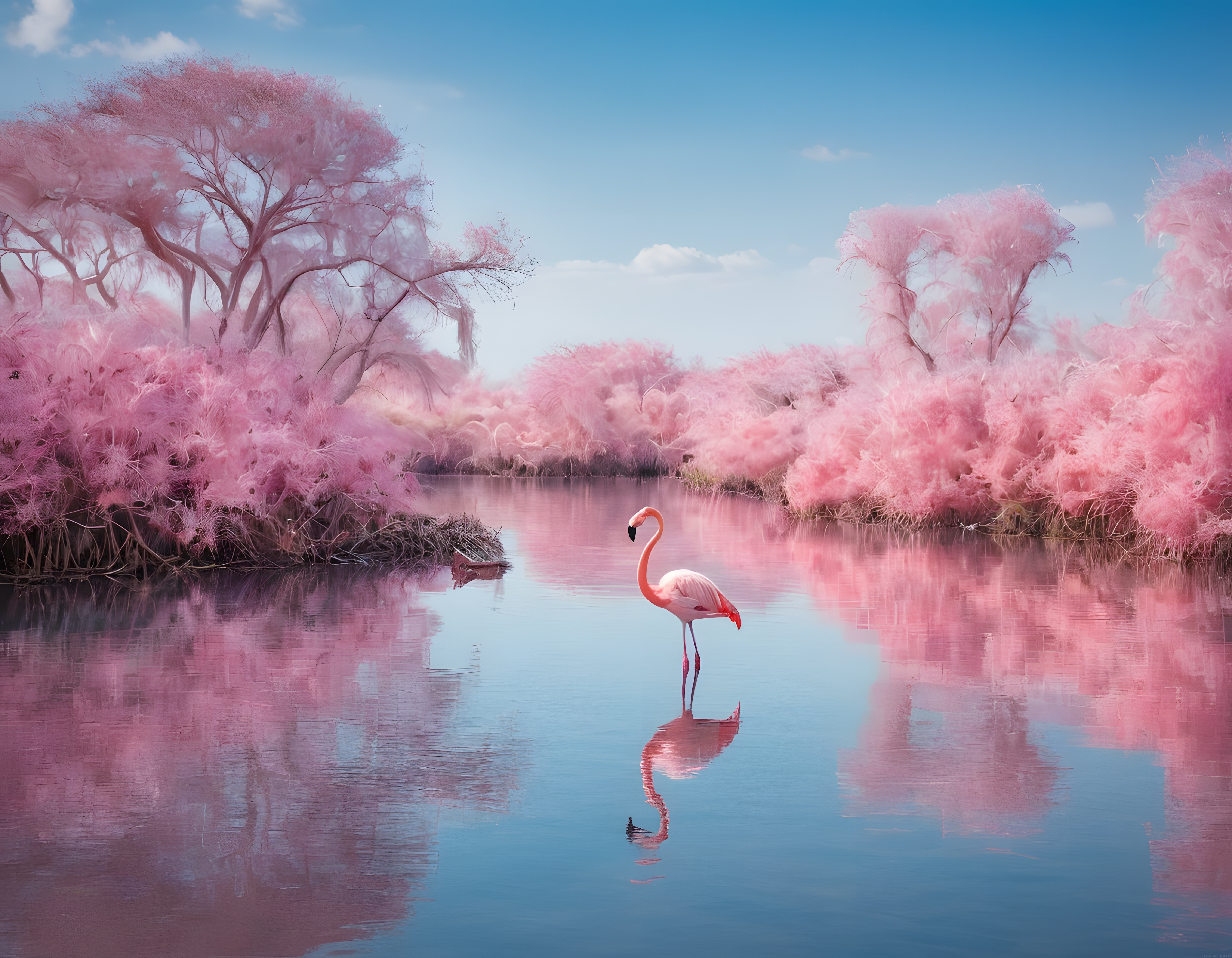Pembe Ağaçlarla Çevrili Gölde Yalnız Duran Flamingo Manzarası